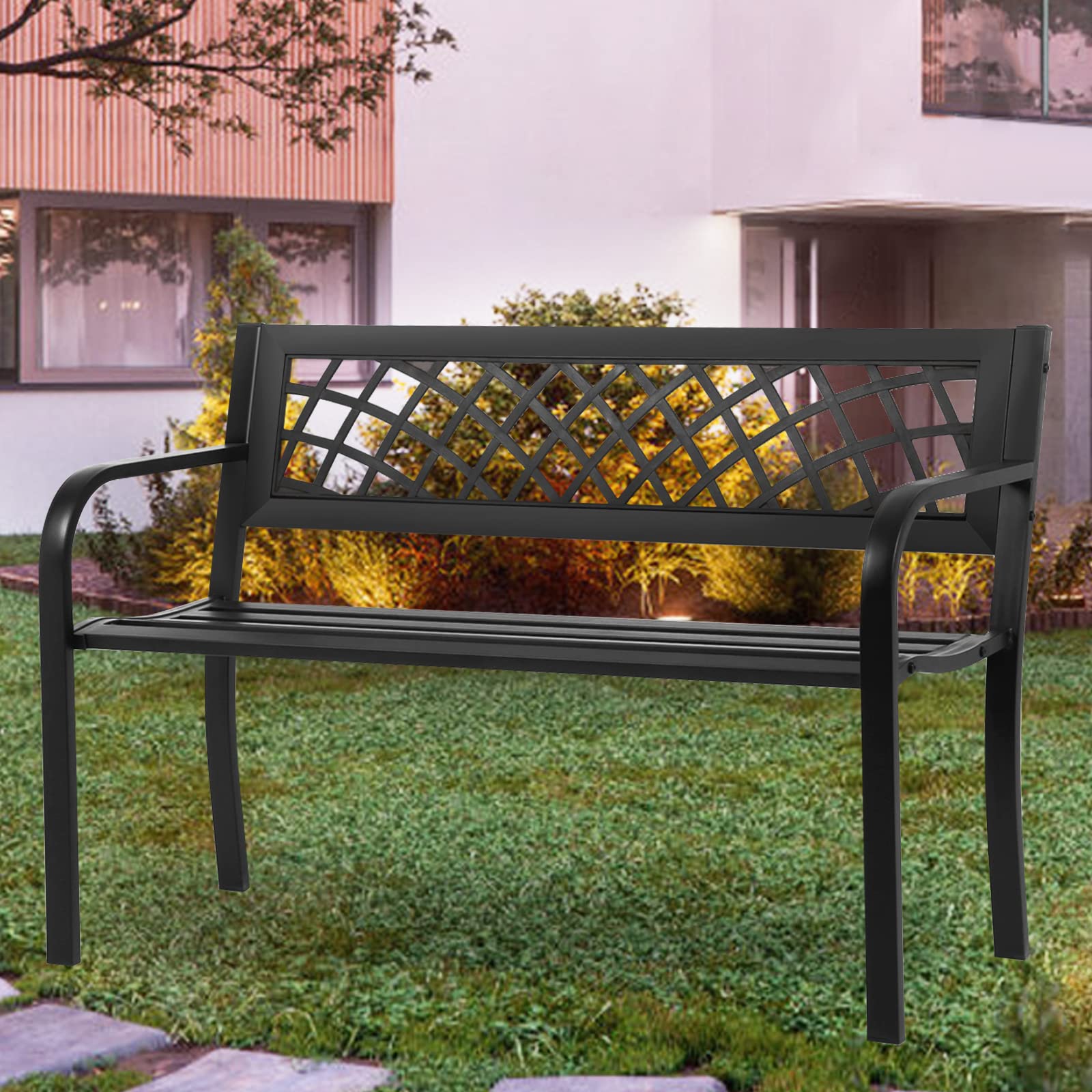 BSTOPHKL Outdoor Bench - Heavy Duty Steel Frame Patio Garden Bench for Porch, Lawn, Balcony, Backyard & Poolside | Weather-Resistant Black Metal Bench for Outdoor Decor & Relaxation | Perfect for Gardens, Decks and Outdoor Seating Areas