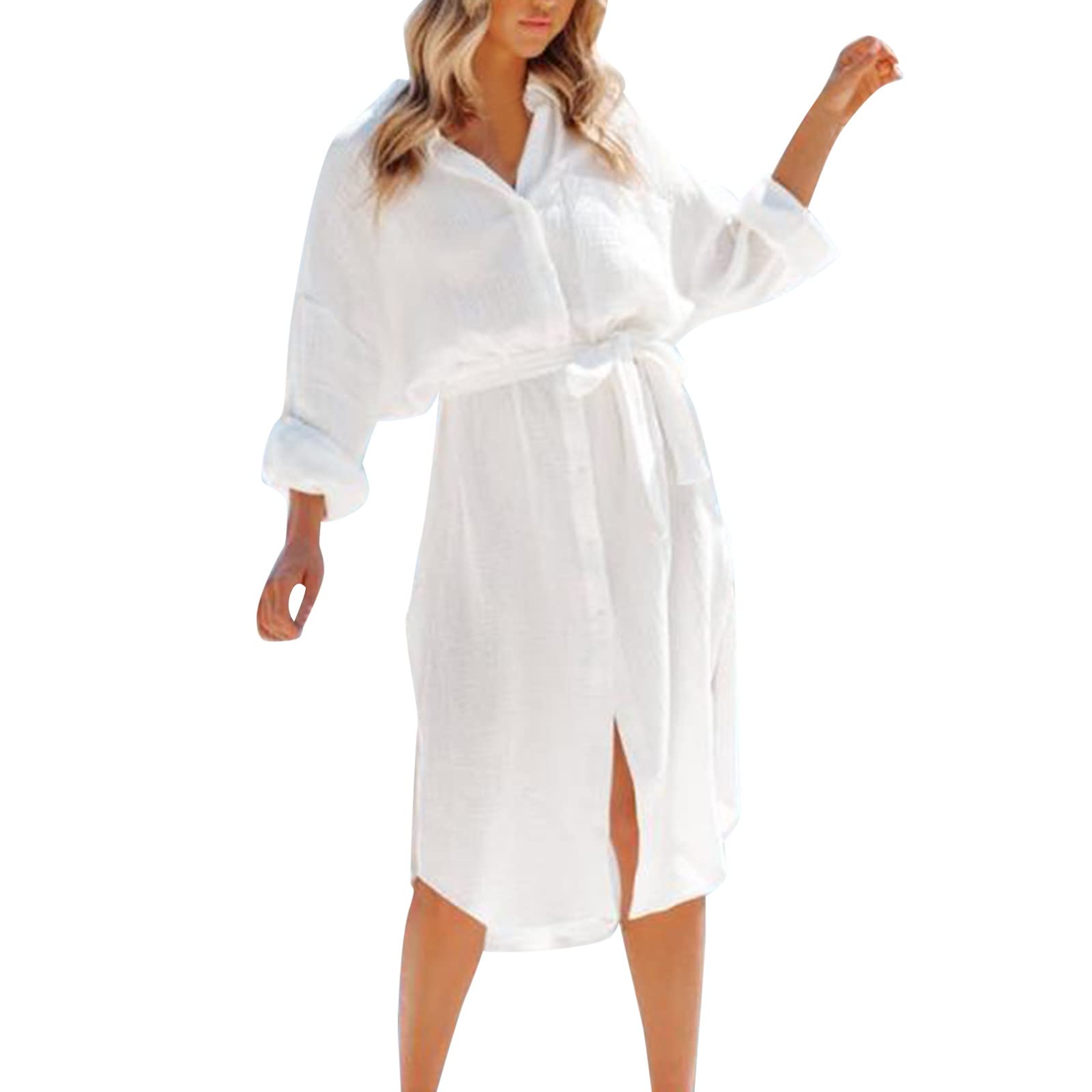 Women's Long Sleeve Casual Maxi T-Shirt Dress - Loose Button Down Summer Maxi Dress with Side Slit | Perfect for Beach, Vacation & Everyday Wear