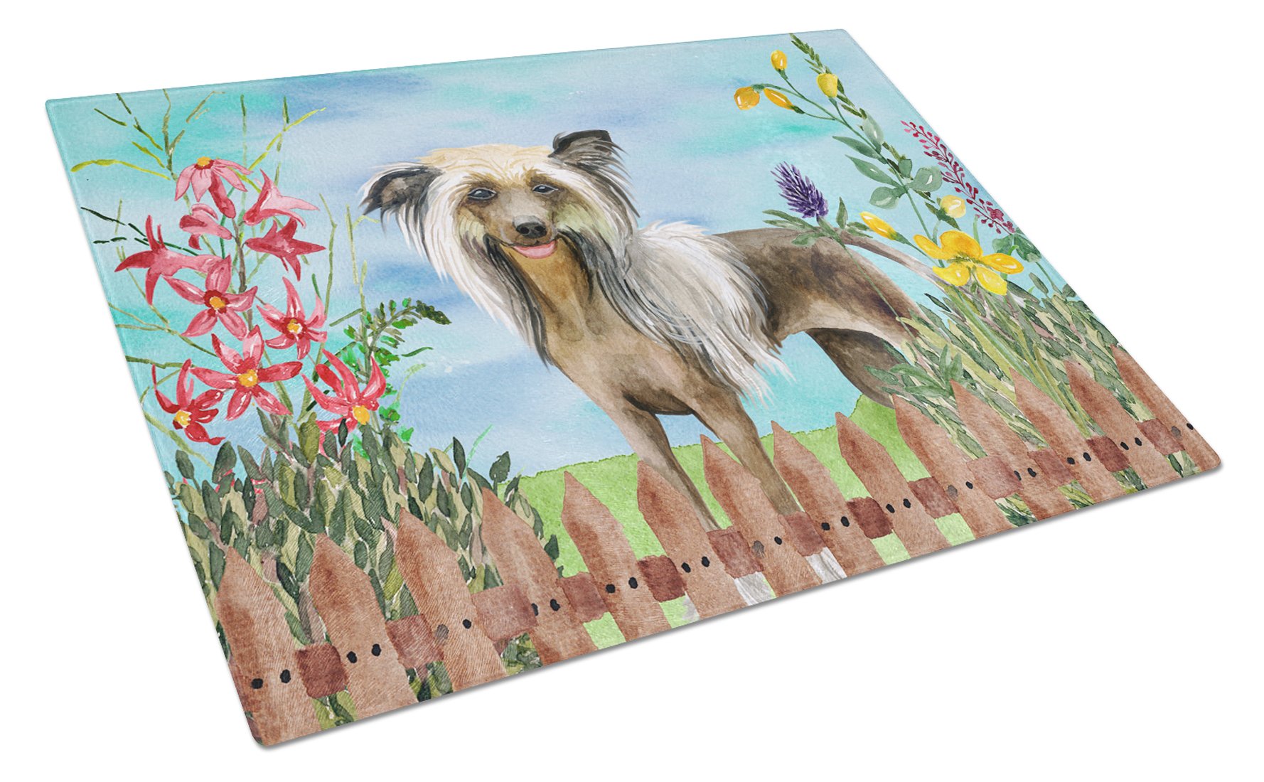Chinese Crested Dog Spring Themed Tempered Glass Cutting Board - Large Decorative Kitchen Chopping & Serving Board for Entertaining | Durable Scratch-Resistant Surface for Fruits, Cheese & Charcuterie Displays