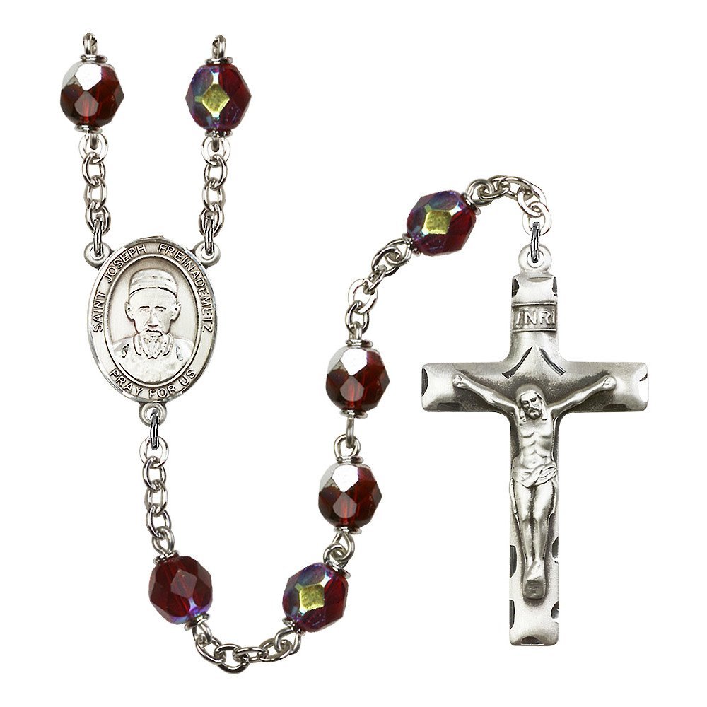 St. Joseph Freinademetz Silver-Plated Rosary with 7mm January Red Lock Link & Aurora Borealis Beads - 1 3/4