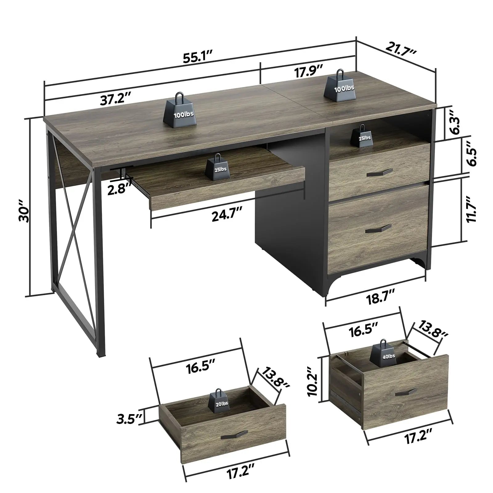 Bestier 55 Inch Industrial Office Computer Desk with Storage Shelf - Modern L-Shaped Writing Desk for Home Office, Gaming & Study - Sturdy Metal Frame Workstation with Drawers & Open Storage Space