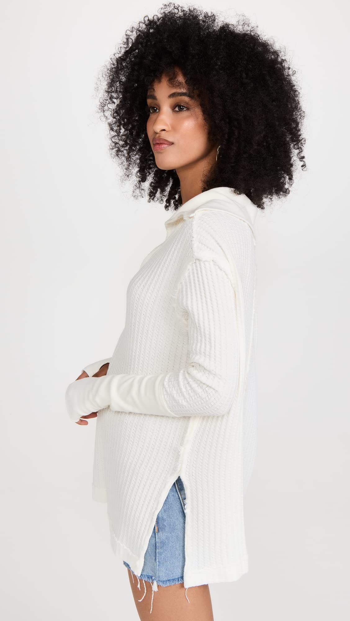 Free People Women's Raymond Thermal Shirt - Long Sleeve Button Down Top in White & Bones Print, Size S | Casual Winter Layering & Outdoor Activities