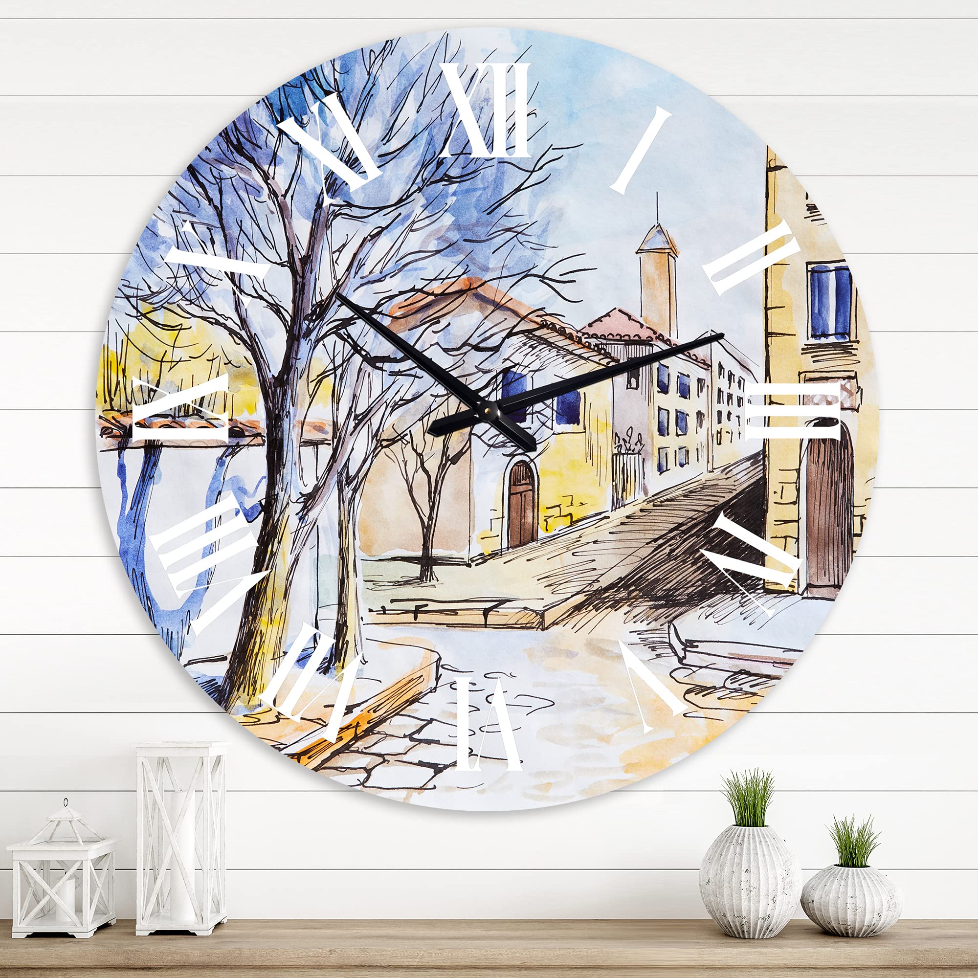 DesignQ Traditional Wall Clock - 'White House in Summer Village' Landscape & Nature Large Wall Clock for Home & Bedroom Decor - Perfect for Living Room, Office, and Farmhouse Style Interiors
