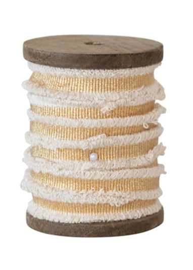 Premium Cotton Ribbon with Metallic Thread & Fringe on Wood Spool - Perfect for Gift Wrapping, DIY Crafts, and Home Decor