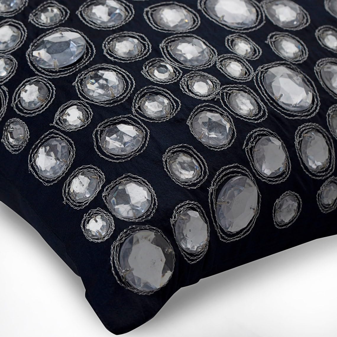 16x16 Inch Blue Silk Throw Pillow Cover with Zipper - Navy Night Diamonds Design with Circles, Dots & Zardozi Embroidery for Living Room, Bedroom Decor