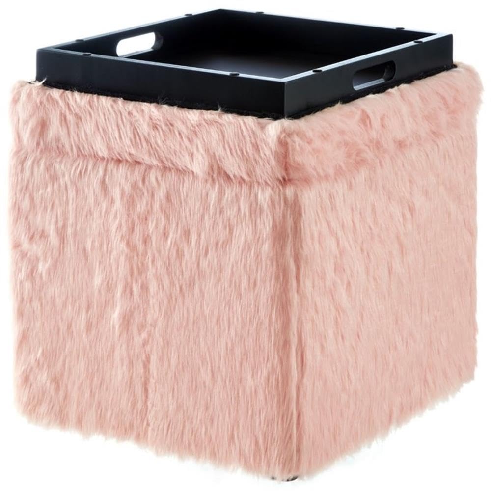 Stanley Modern Faux Fur Fabric Cube Storage Ottoman in Blush Pink - Versatile Living Room Furniture for Small Space Organization, Extra Seating & Home Decor