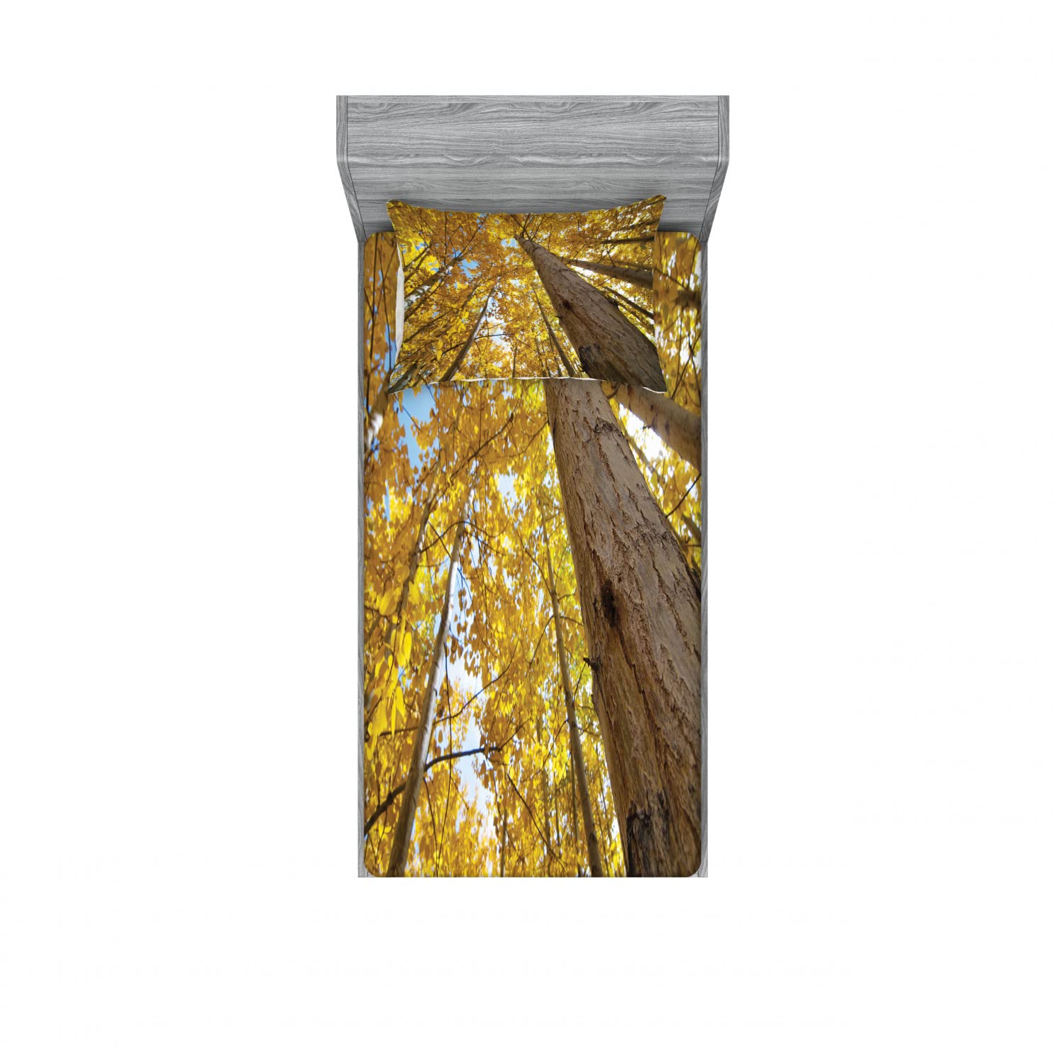 Ambesonne 2-Pack Twin XL Fitted Sheet & Pillow Sham Set - Aspen Forest Scenery Bedding Decor (Yellow) | Includes 2 Fitted Sheets & 2 Pillow Covers | Perfect for Dorm Rooms, Guest Beds & Cozy Cabins