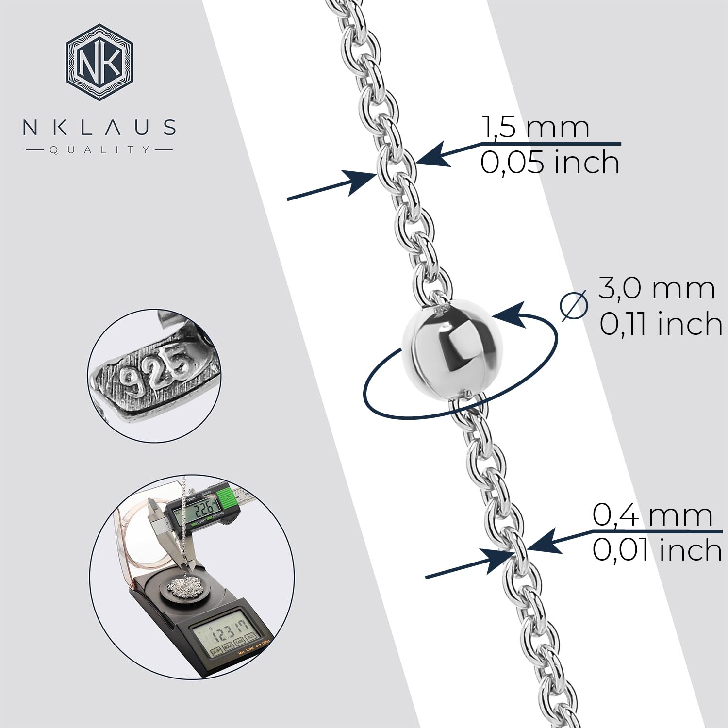 925 Sterling Silver Anchor Chain Necklace - 45cm Round Link with 24 Balls (1878) | Perfect for Layering, Gift Giving & Everyday Wear
