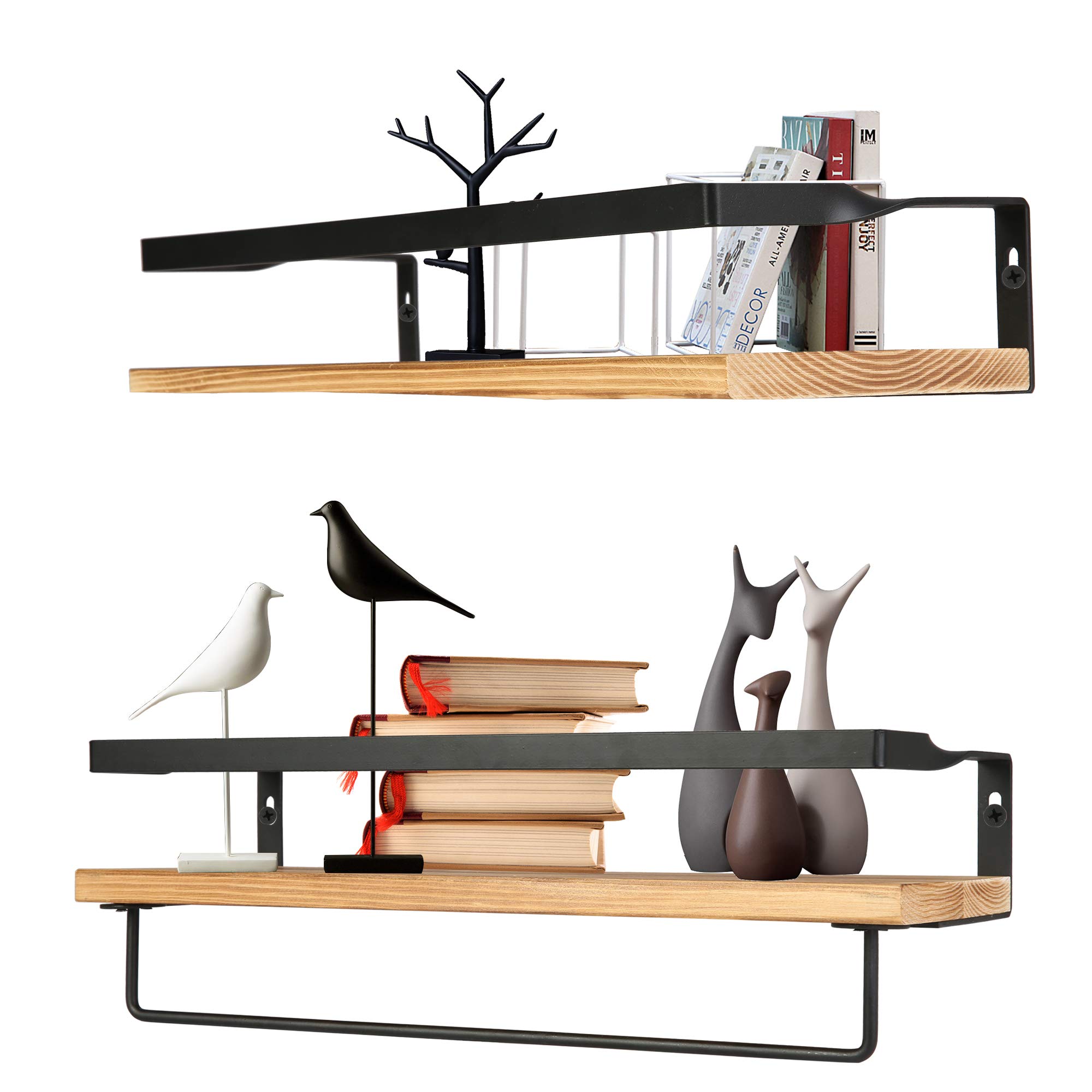 Rustic Floating Wall Shelves with Towel Bar - Set of 2 Brown Wooden Shelves for Bathroom & Kitchen Decor | Easy Installation, Space Saving Storage | Perfect for Organizing Towels, Spices & Decorative Items