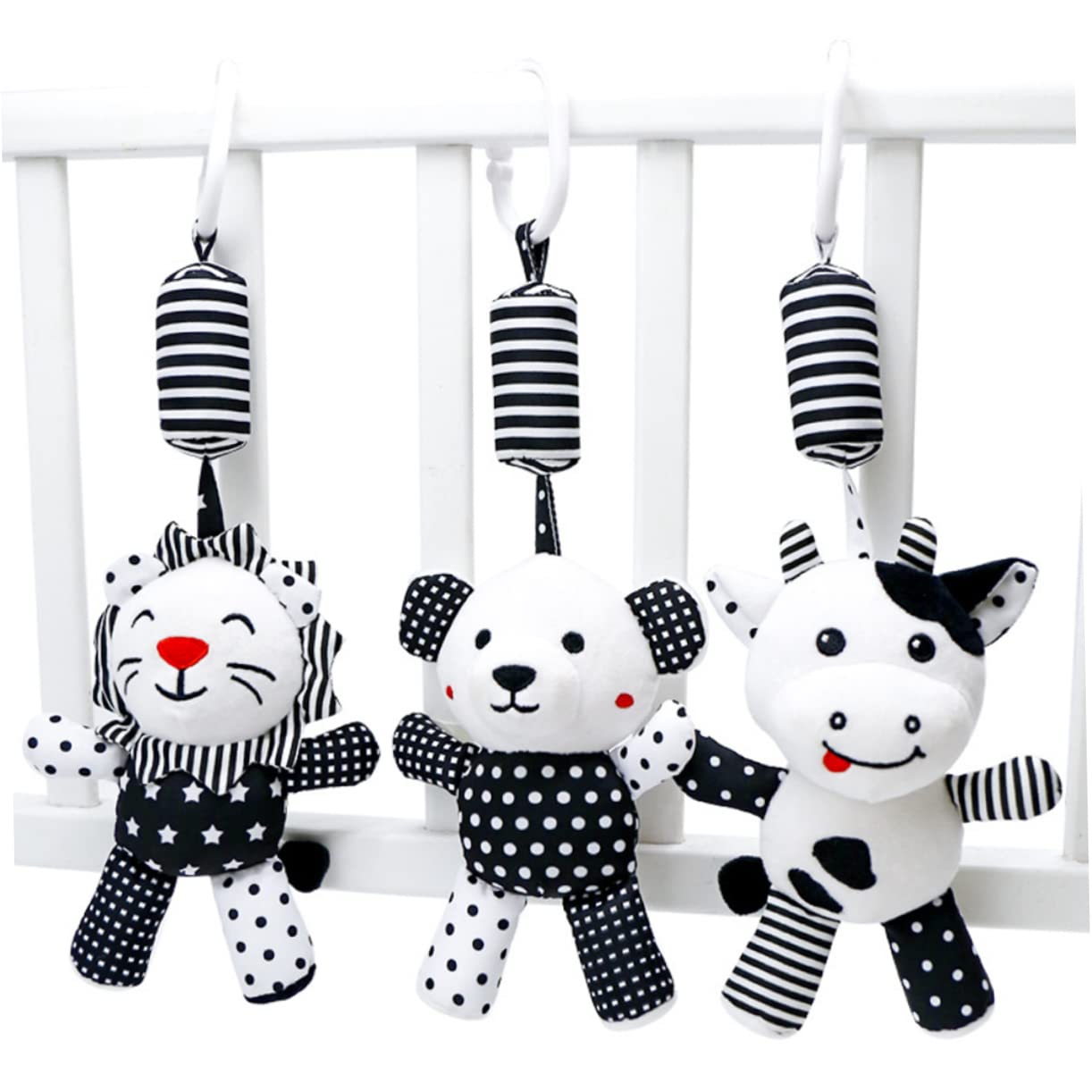 FAVOMOTO 6-Piece Rattle Bell Animal Stroller Toys - Hanging Car Seat & Stroller Accessories for Newborns - Soft PP Cotton White Baby Toys for Infants 0-6 Months - Perfect for Strollers, Car Seats & Playtime