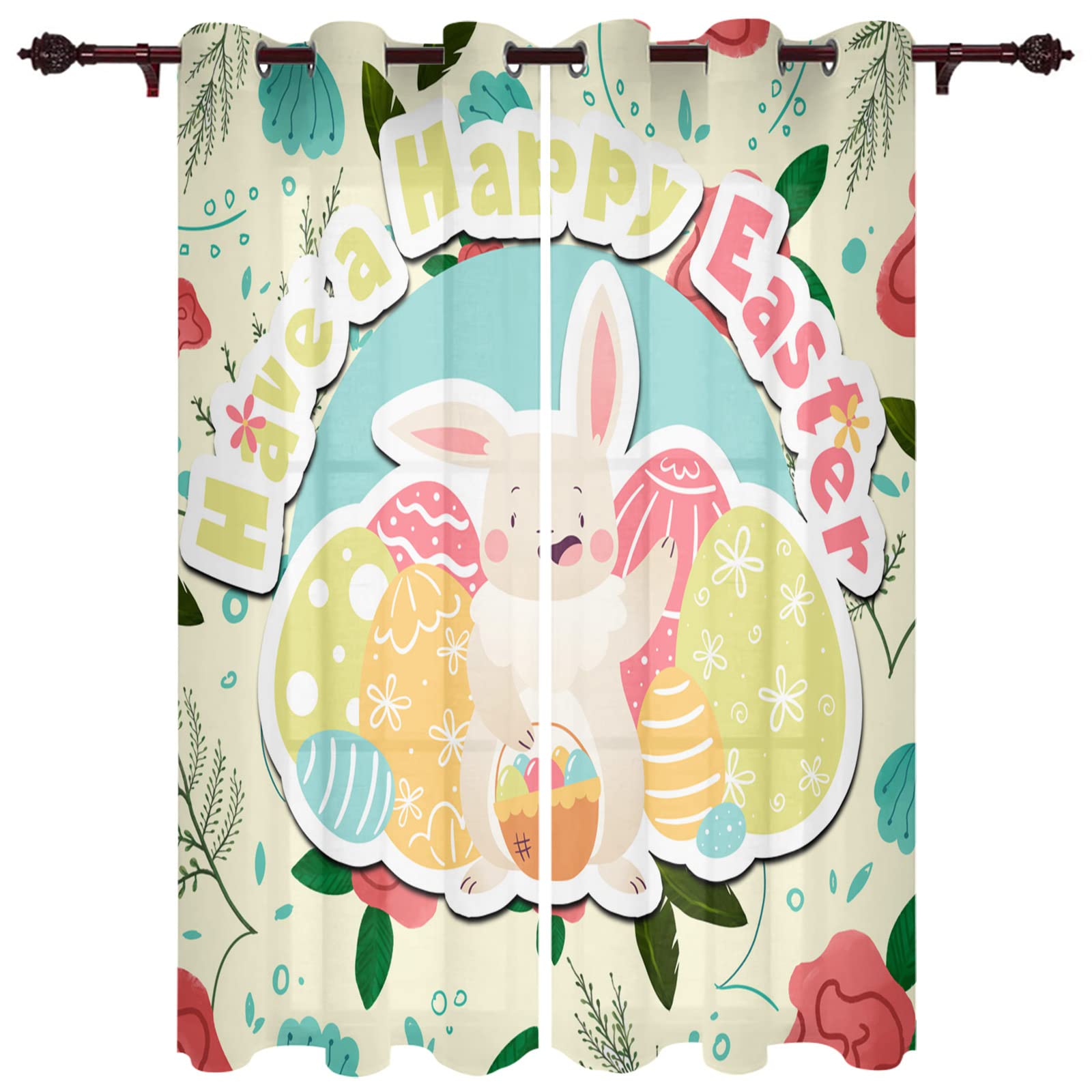 Blackout Thermal Insulated Noise Reducing Curtains with Grommet Top - Easter Bunny Printed Window Drapes for Living Room & Bedroom (2 Panels, 104