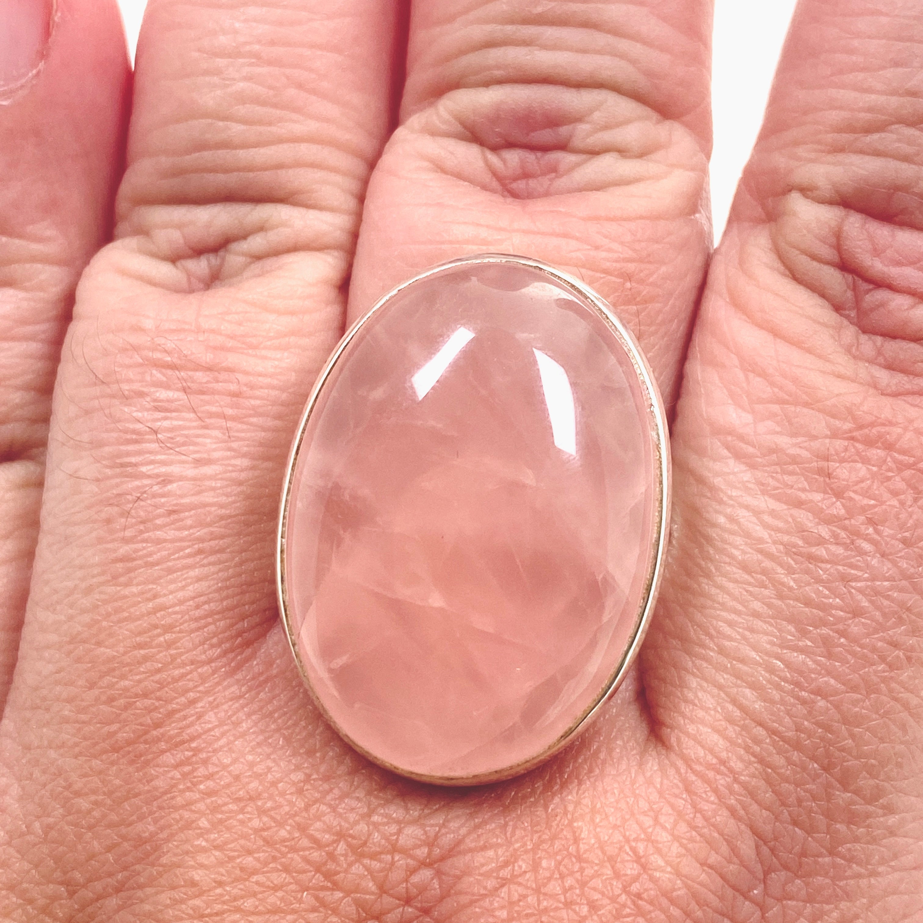 Rose Quartz Oval Cabochon Ring - Size 12 Sterling Silver Adjustable Band - PRGJ556 - Perfect for Meditation, Healing & Boho Fashion Jewelry