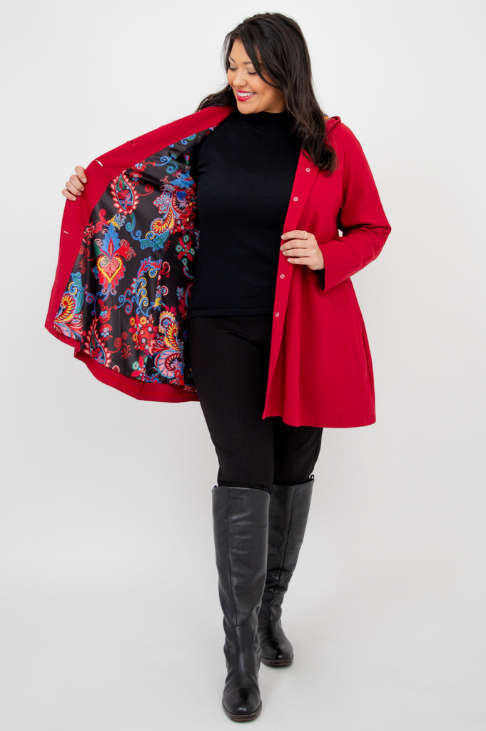 Florence Women's Winter Coat with Faux Fur Collar - Soft Modal Fabric, Elegant Lipstick Red Color - Perfect for Office, Parties & Cold Weather Outfits