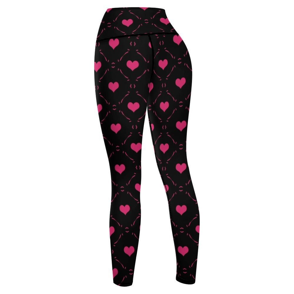 Stylish Black Yoga Pants with Pink Hearts Print - Perfect for Workouts, Gym & Casual Wear
