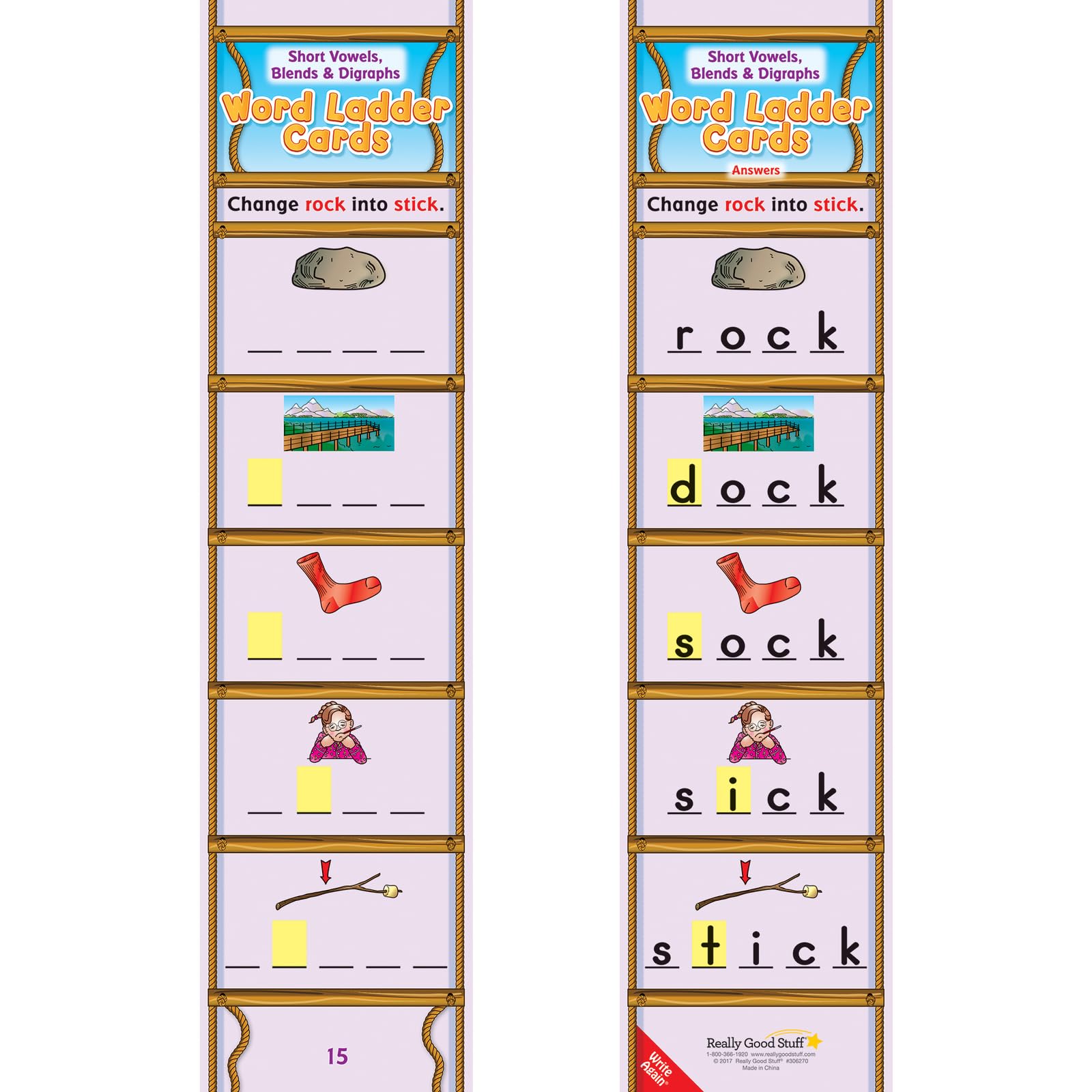 Really Good Stuff Short Vowels, Blends & Digraphs Word Ladder Cards - 28 Phonics Flash Cards for Kids | Classroom Learning & Homeschool Reading Activities