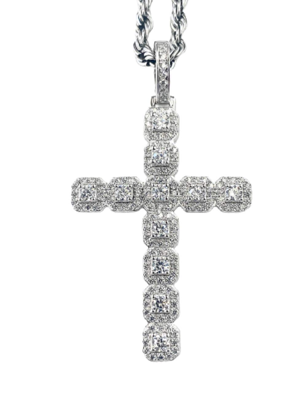 925 Sterling Silver Iced Out Tennis Cross Pendant for Men & Women - 3mm Stainless Steel Rope Chain (16
