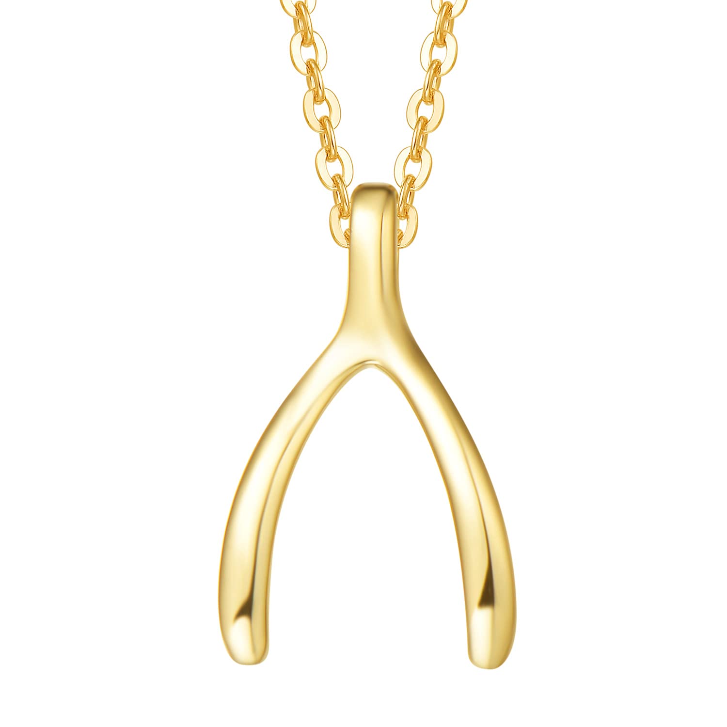 14K Solid Yellow Gold Wishbone Pendant Necklace - Dainty Tiny Charm Statement Jewelry for Women, 16