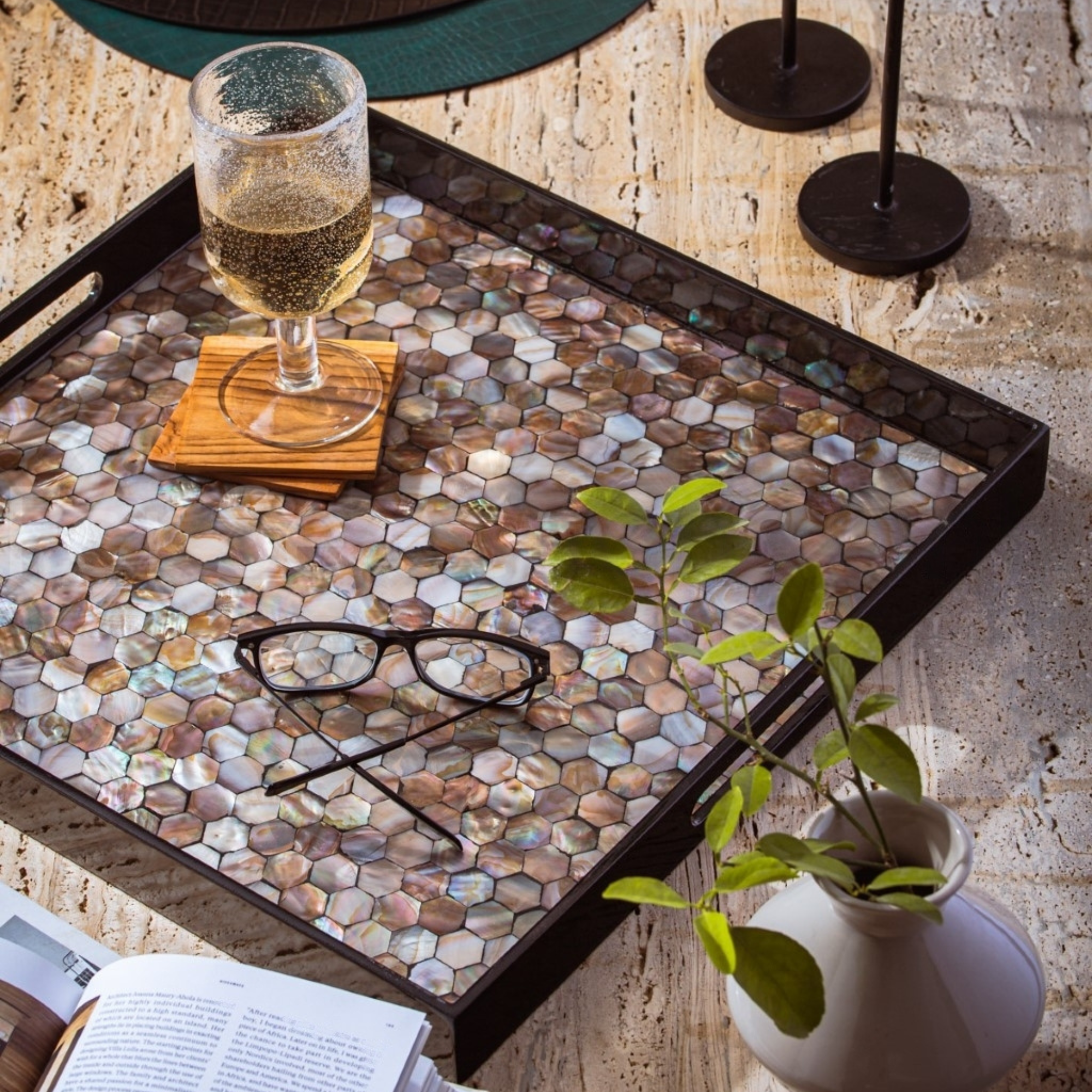 Elegant Grey Square Cleite Mother of Pearl Serving Tray - Perfect for Dining, Entertaining, and Home Decor