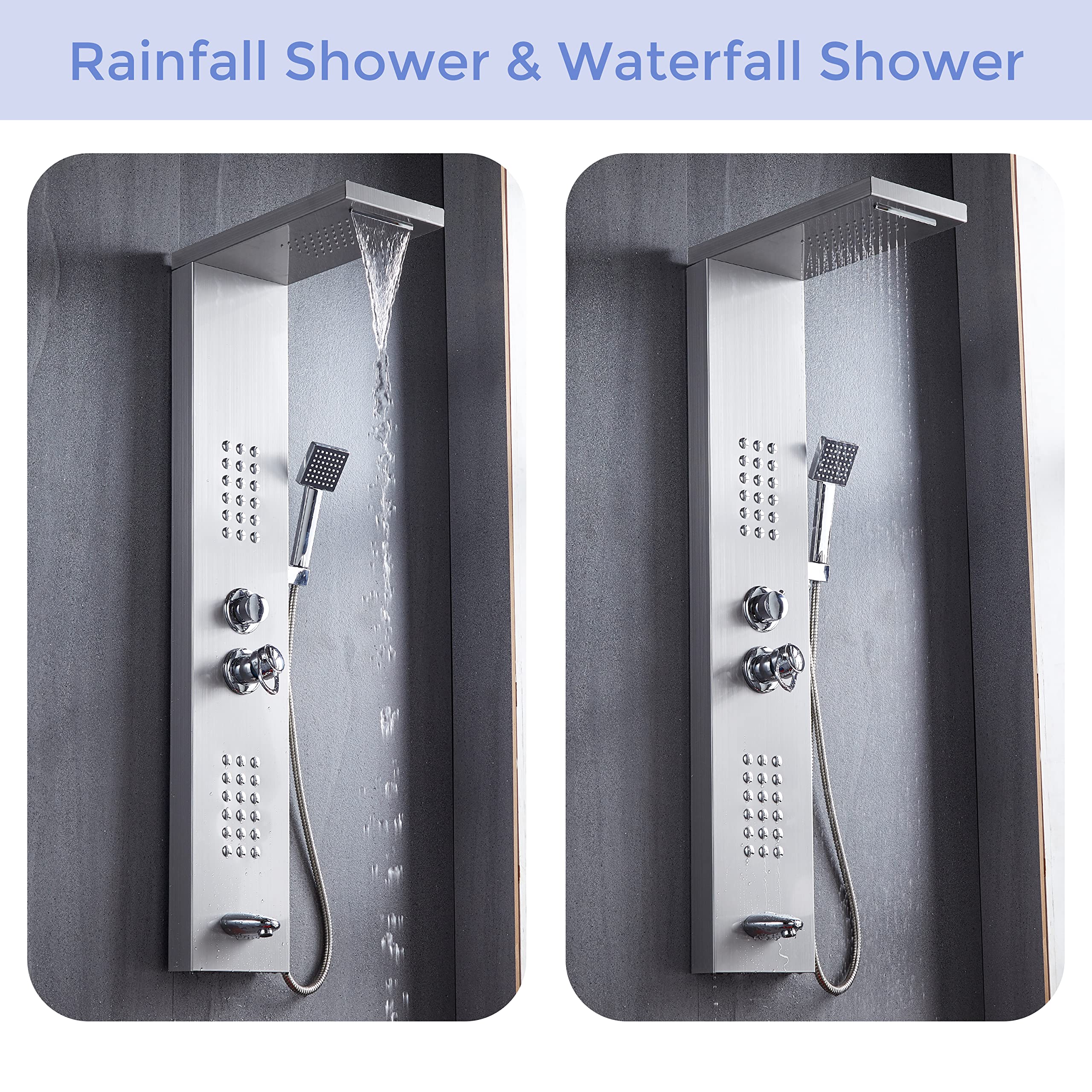 Delavin Stainless Steel Shower Panel Tower System - Wall Mounted Rainfall Shower Head with Massage Body Jets, Tub Spout & Handheld Shower | Brushed Nickel Finish | Perfect for Bathroom Remodeling & Spa-Like Shower Experience
