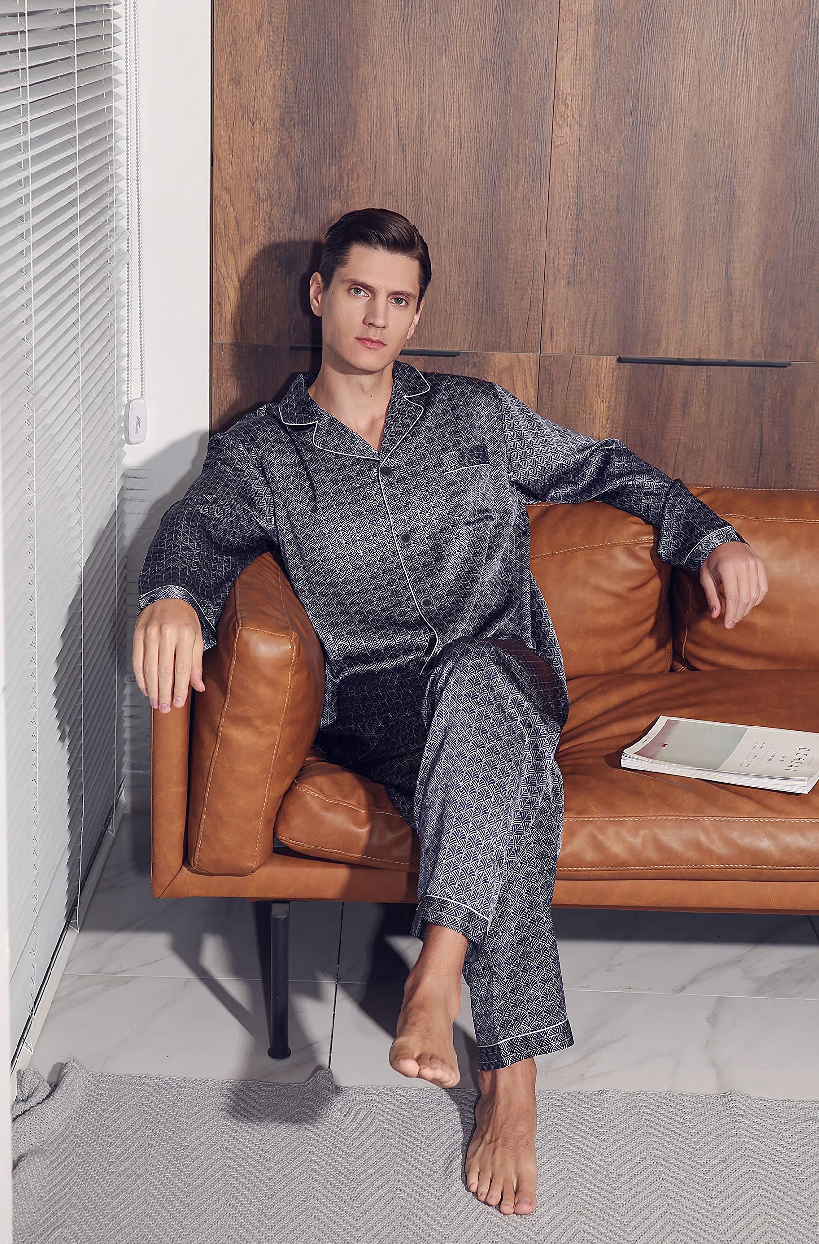Alexander Mulberry Silk Men's Pajamas Set - Long Sleeve Sleepwear for Comfortable Nightwear & Lounge Wear - Perfect for Relaxing at Home, Travel & Gift Giving