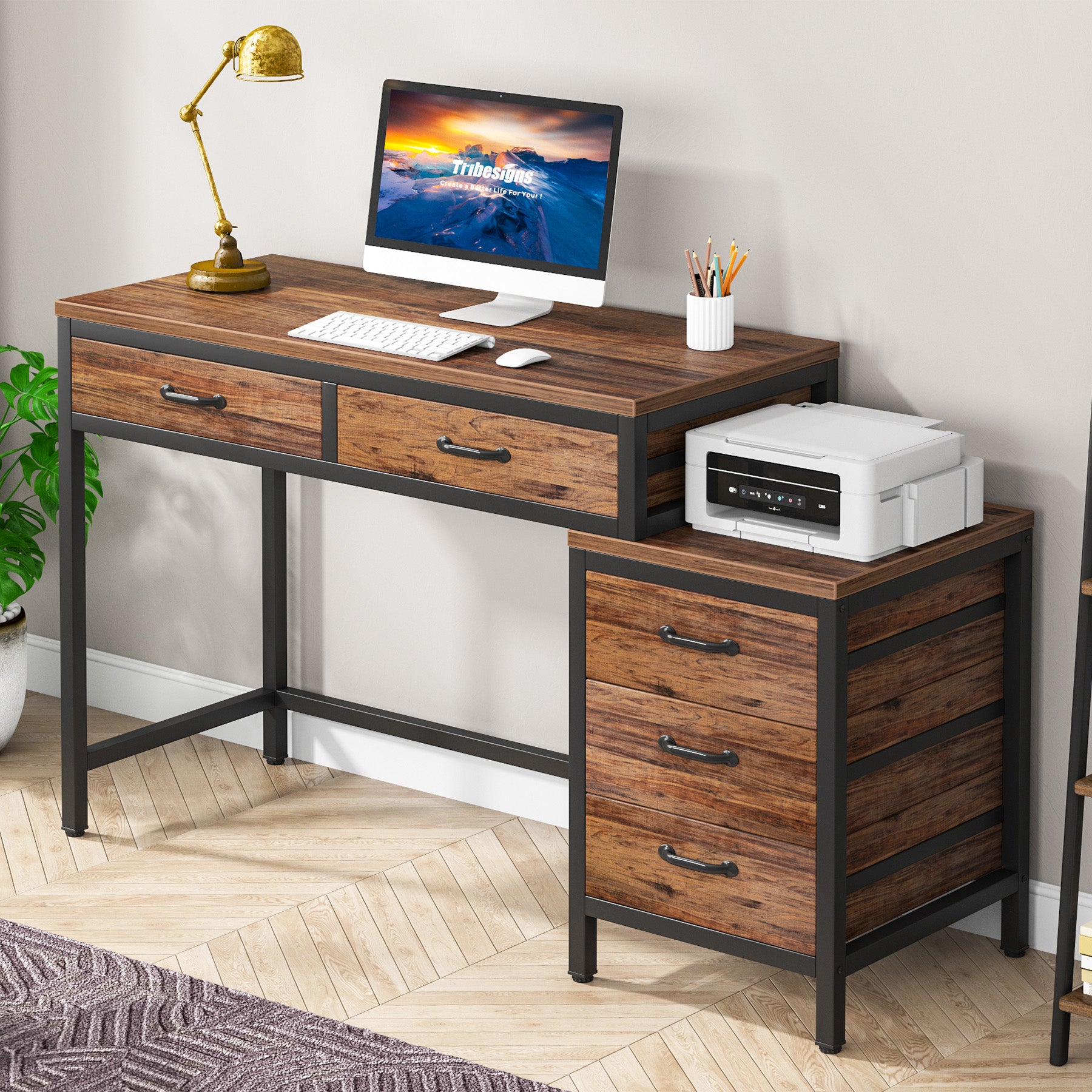 5-Drawer Computer Desk with Reversible Cabinet - Sturdy Study & Writing Table for Home Office, Gaming, and Workspace Organization
