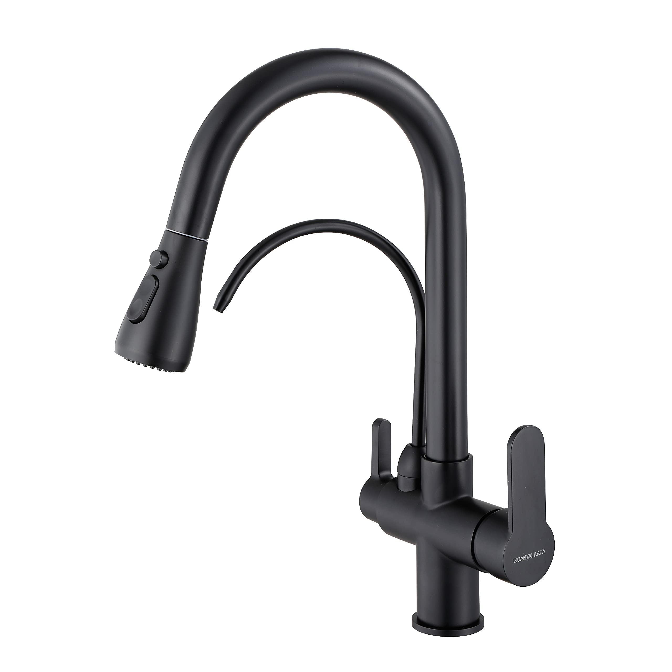 HUAHUALALA Matte Black Kitchen Sink Faucet with Pull Down Sprayer - Modern Dual Handle 3-in-1 High Arc Water Filter Purifier Faucet for Reverse Osmosis & Filtration Systems | Drinking Water Faucet for Clean & Safe Water | Perfect for Modern Kitchens & Home Water Purification