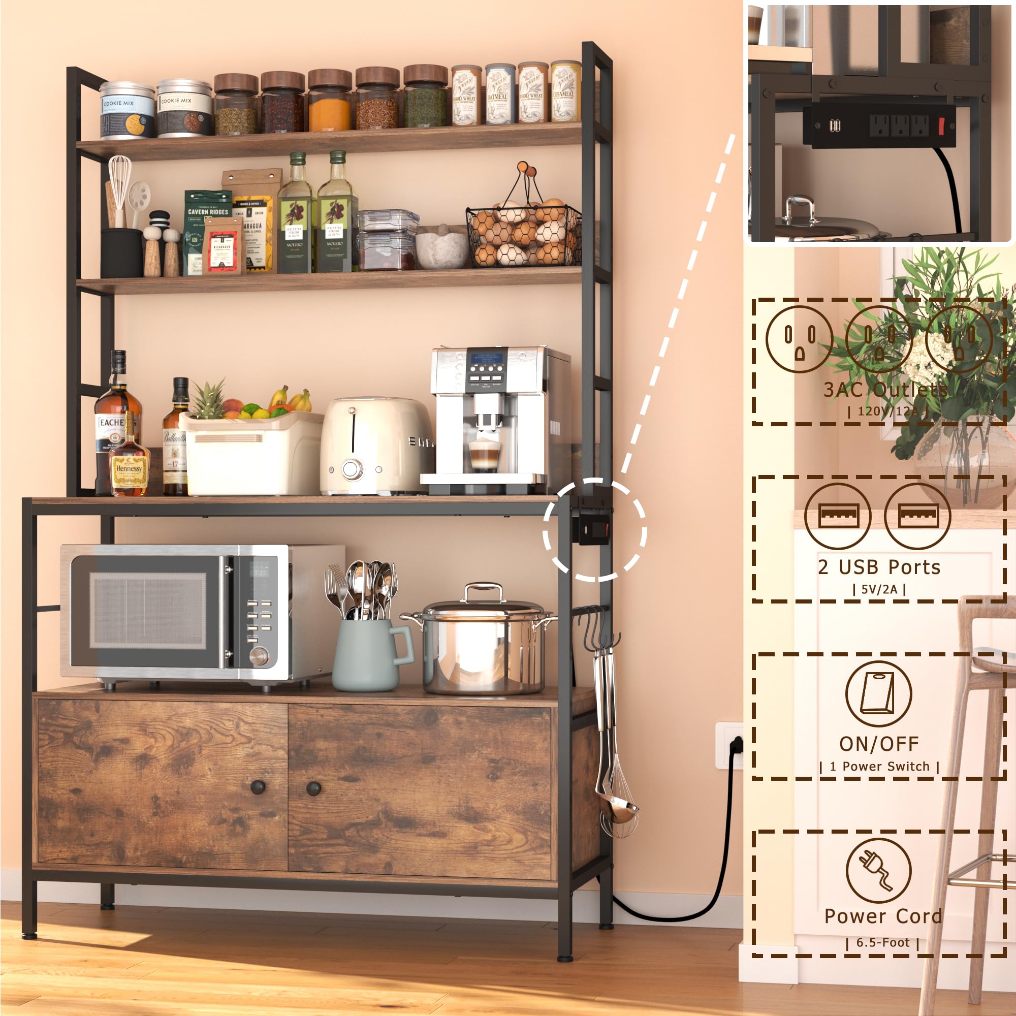 5-Tier Heavy Duty Kitchen Baker’s Rack with Power Outlet & Storage Cabinet - Free Standing Oven Stand, Microwave Shelf & Spice Rack with Hooks - Perfect for Small Kitchens, Pantry Organization & Baking Essentials Storage