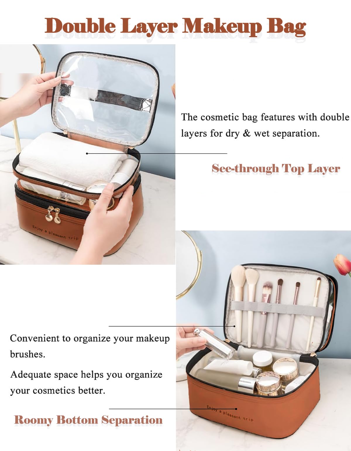 Double Layer Clear Waterproof Makeup Bag with Handle - Travel Cosmetic Organizer for Women, Girls Toiletry Case for Bottles, Brushes & Skincare Products (Brown) - Perfect for Travel, Gym & Daily Essentials Storage