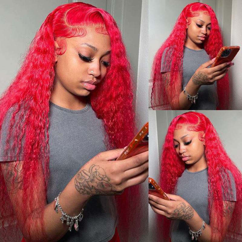 Eullair Nicki Minaj Inspired Red Straight/Body/Deep Wave Human Hair Lace Frontal Wig for Women with Pre-Plucked Hairline - Perfect for Cosplay, Parties & Daily Wear