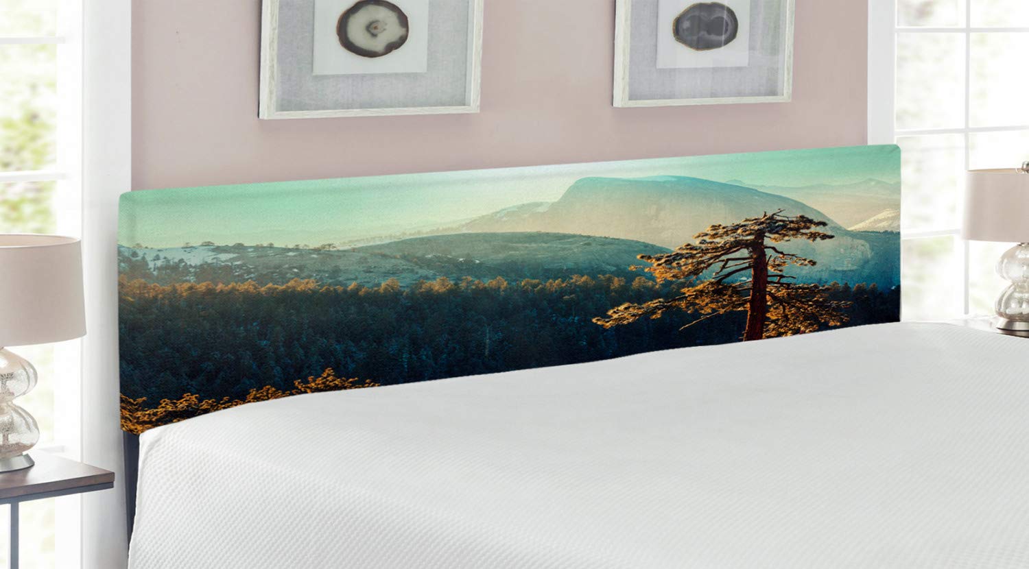 Ambesonne Yosemite Upholstered Headboard - King Size Teal Brown Memory Foam Bed Headboard with Yosemite National Park Mountain Misty Morning Landscape Photo | Perfect for Bedroom Decor, Guest Room Upgrade & Nature-Inspired Home Design