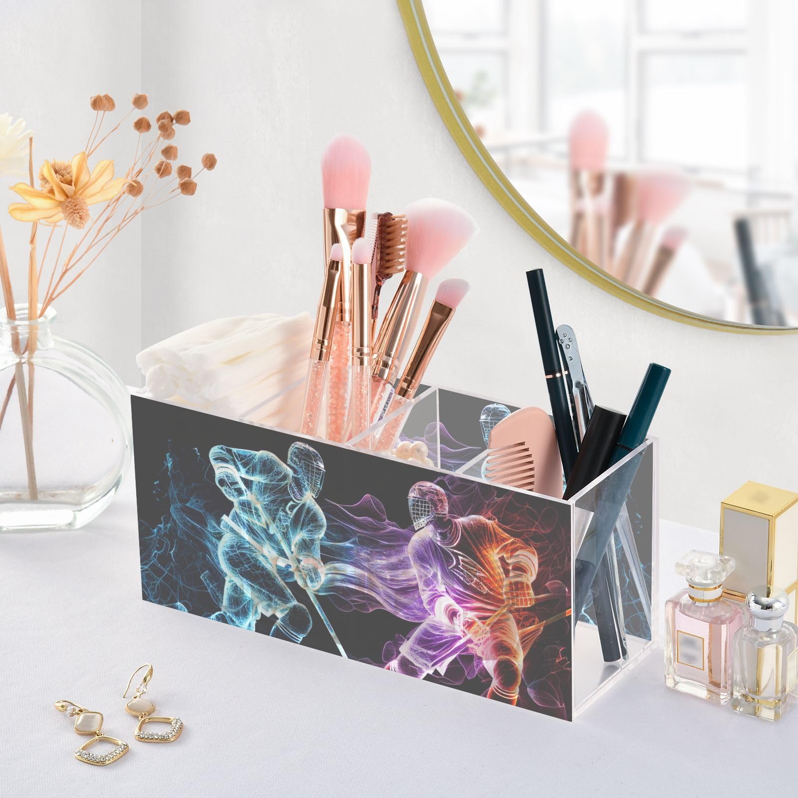 Abstract Hockey Players Acrylic Pen Holder - 4 Compartment Desk Organizer for Pencils, Brushes & Utensils - Personalized Pattern Office & Home Decor - Perfect for Sports Fans, Students & Professionals