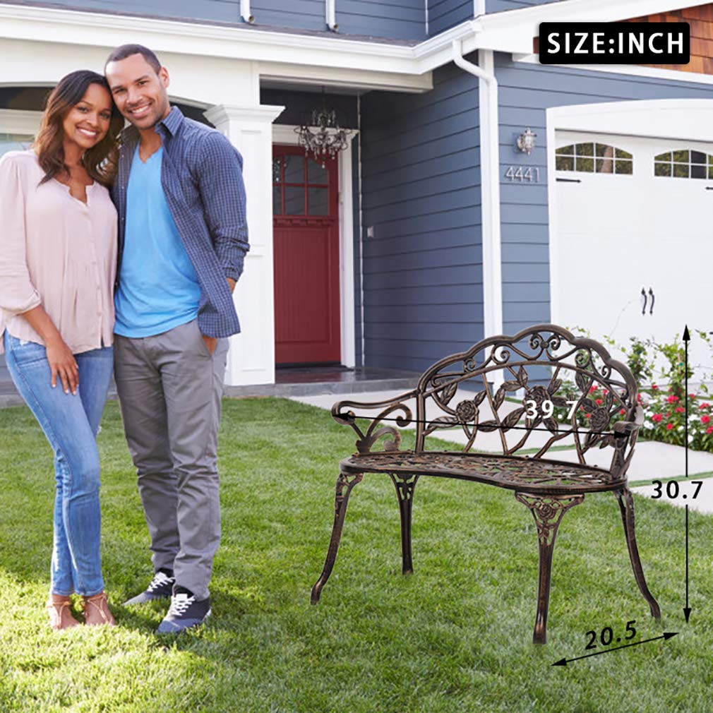 DKeli Outdoor Metal Garden Bench with Floral Rose Accent - Aluminum Patio Bench for Park, Yard, Deck & Entryway - Durable Porch Seating Furniture for Gardens, Backyards & Outdoor Spaces
