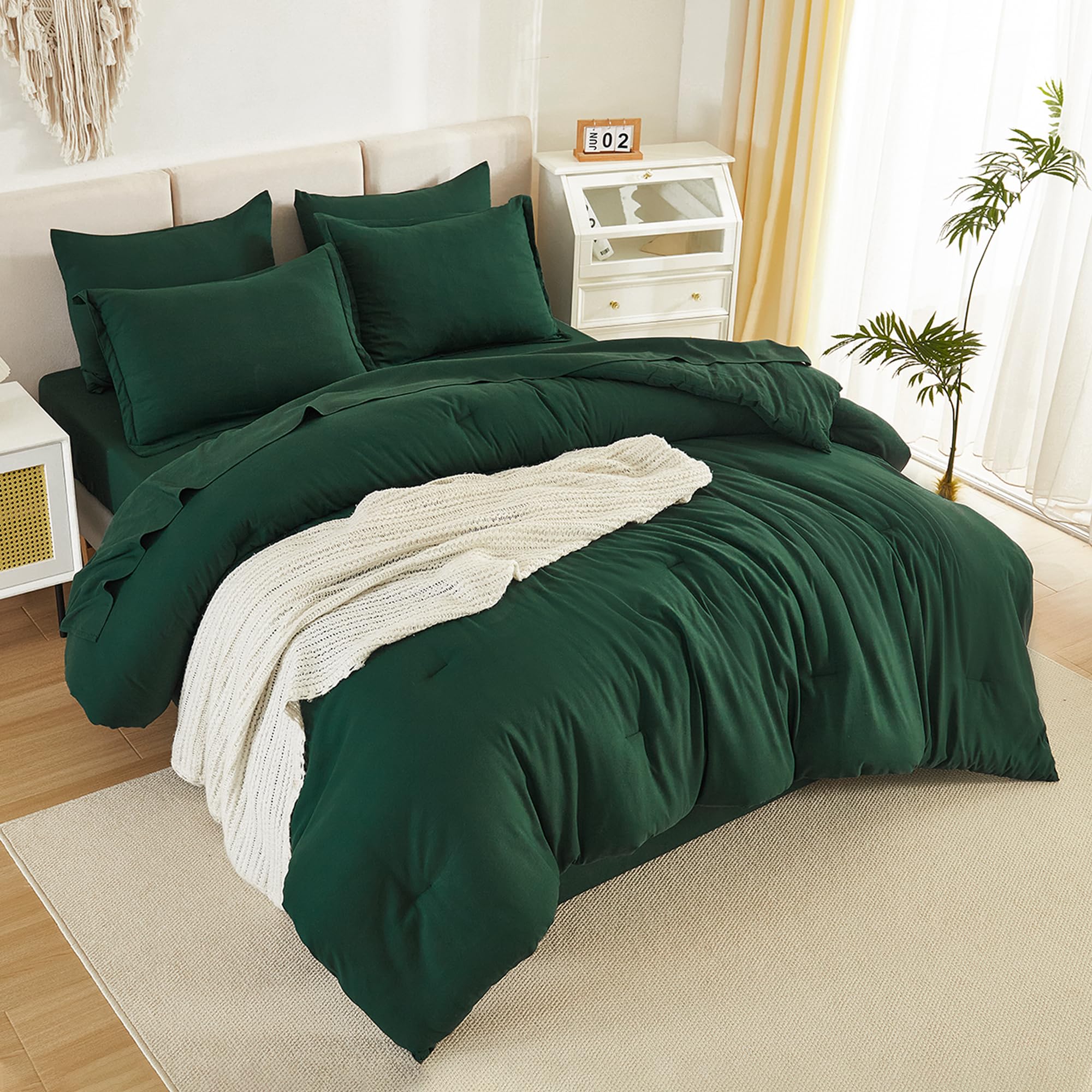 Litanika King Size Comforter Set - Dark Emerald Green 7-Piece Bed in a Bag | Lightweight Solid King Bedding Set with Comforter, Sheets, Pillowcases & Shams | Perfect for Master Bedroom, Guest Room & Cozy Home Decor