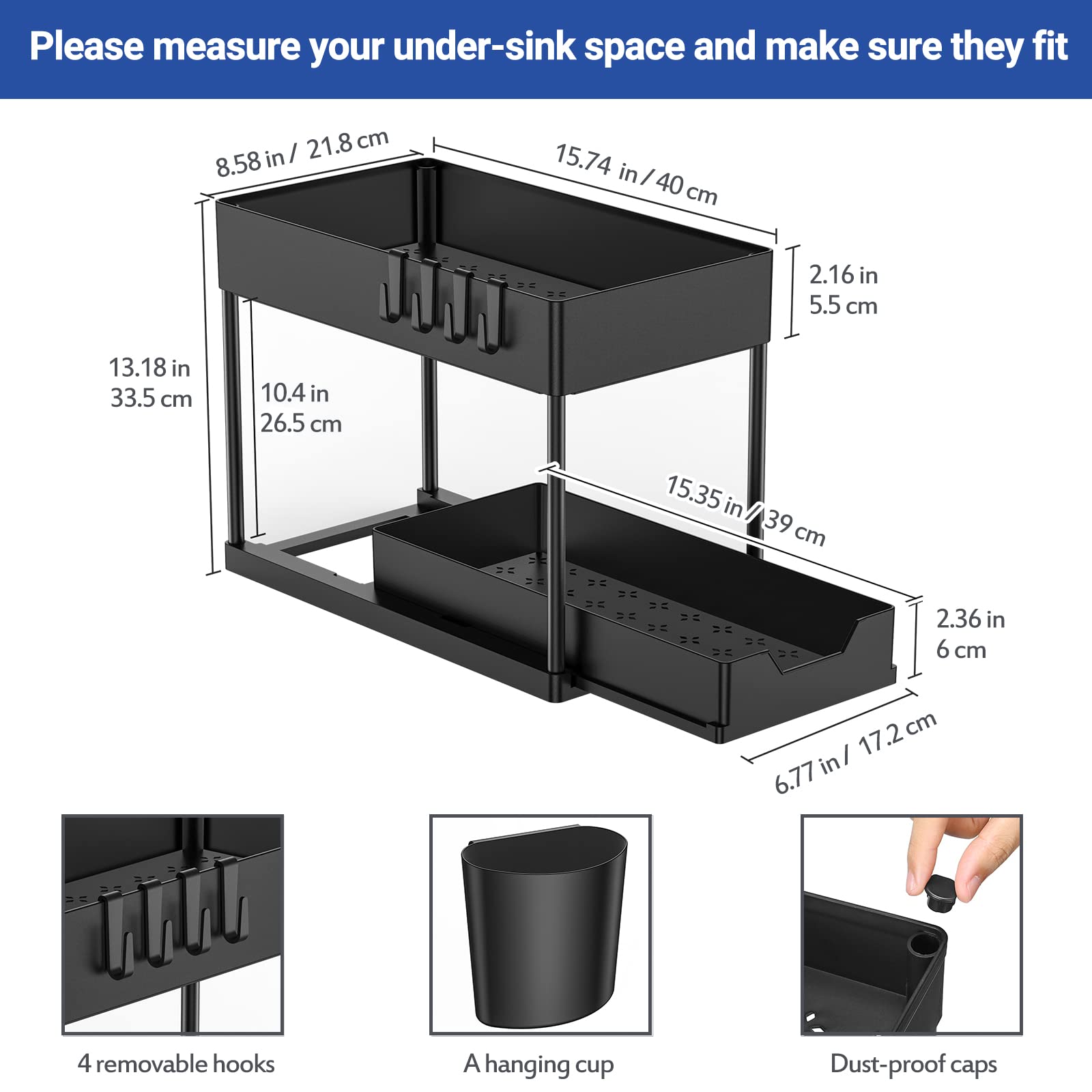 Puricon 2-Tier Under Sink Organizer - Space Saving Kitchen & Bathroom Storage Shelf, Multi-Purpose Cabinet Organizer for Sponges, Cleaners & Supplies - Black - Perfect for Small Spaces & Clutter-Free Homes