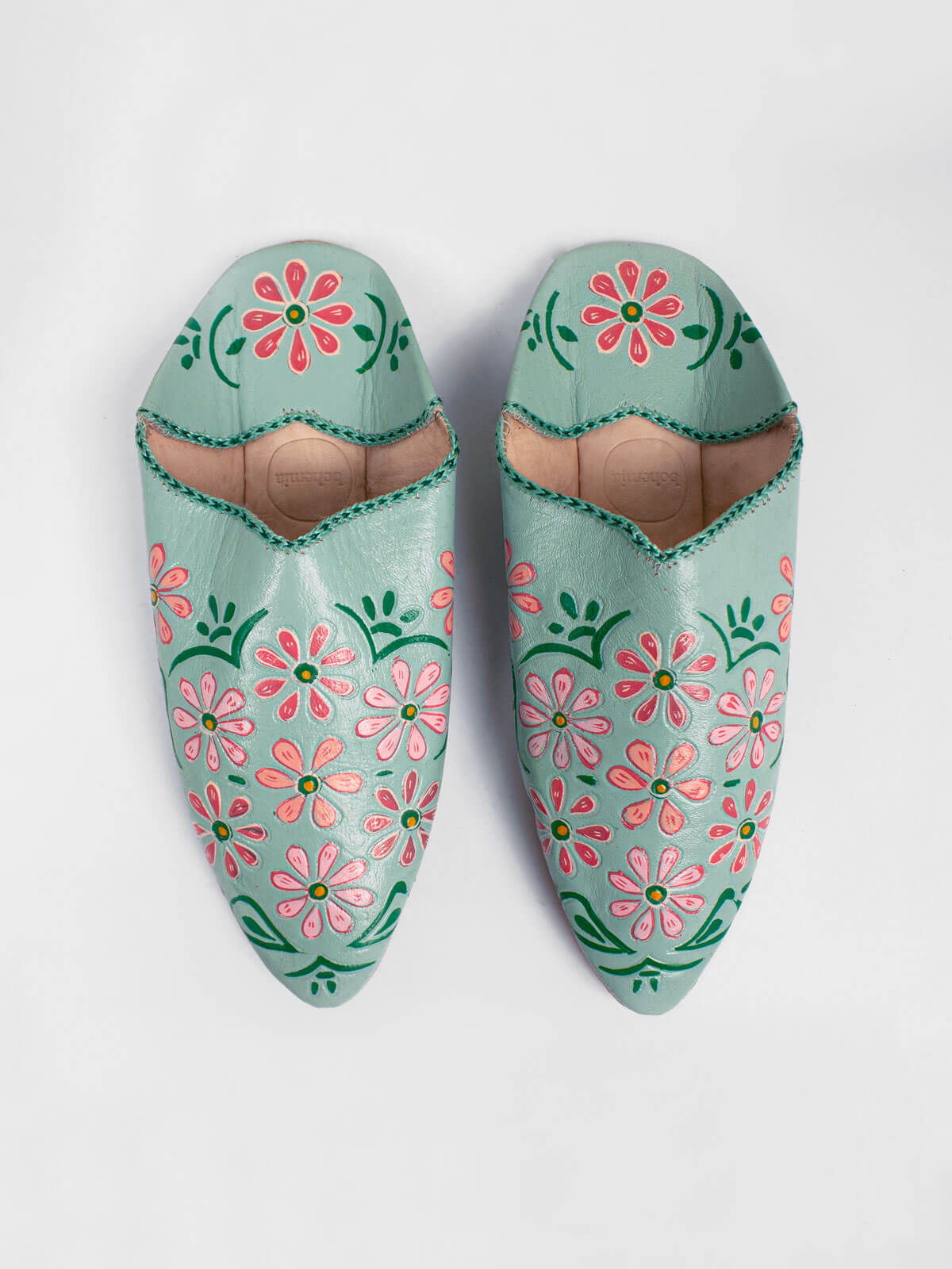 Hand Painted Floral Moroccan Babouche Slippers - Soft Sage Green Leather House Shoes for Women | Cozy Home, Lounge & Indoor Comfort