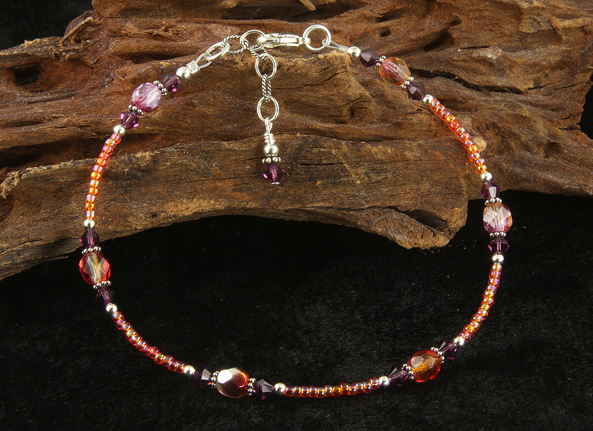 Sunset Amethyst Orange Beaded Anklet Bracelet for Women - Handmade Bohemian Adjustable Ankle Jewelry for Beach, Summer & Festival Outfits