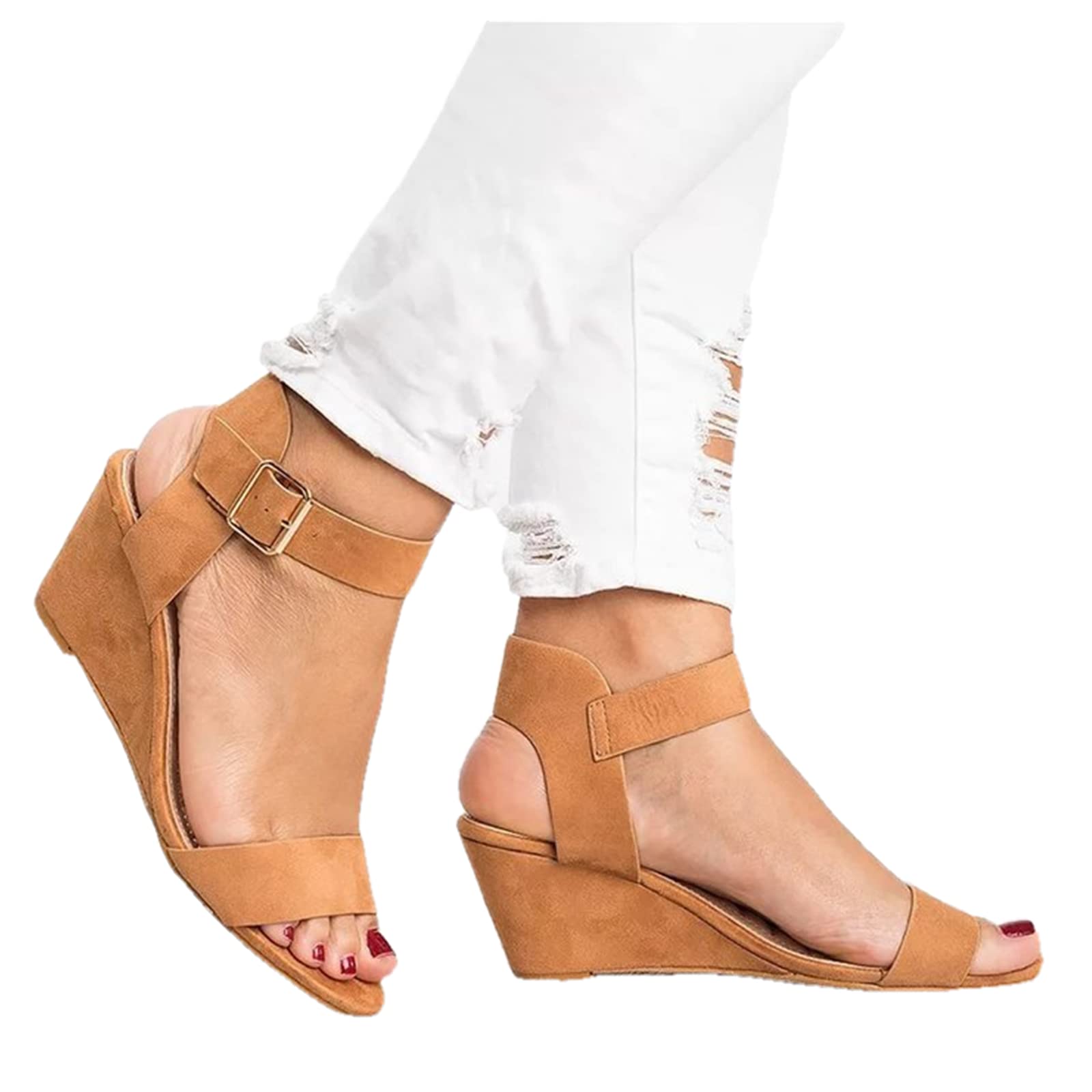 Women's Boho Wedge Sandals with Ankle Strap - Casual Low Heel Open Toe Platform Sandals for Summer, Beach, Vacation & Outdoor Wear