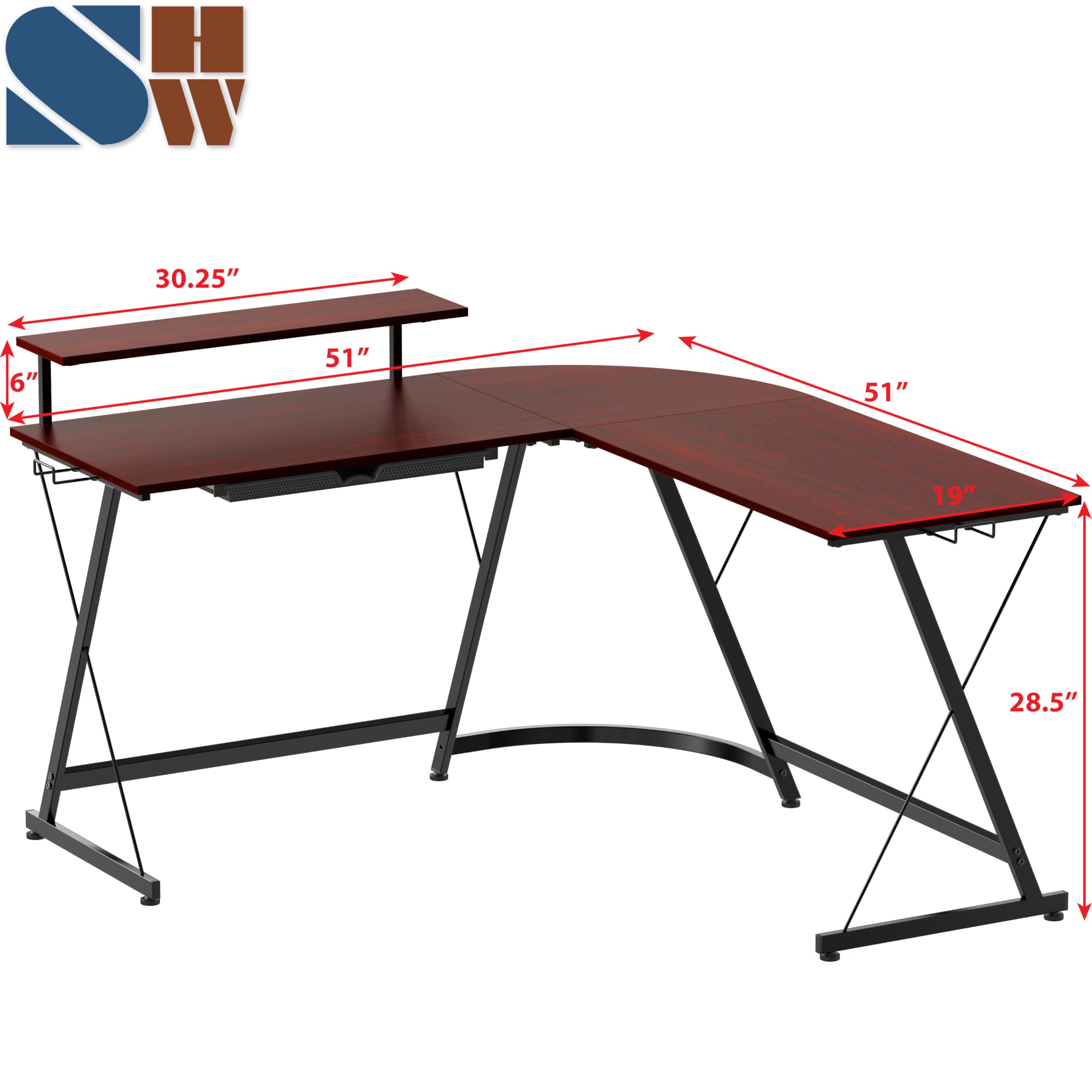 SHW Vista L-Shape Desk with Monitor Stand - Cherry Wood Computer Desk for Home Office, Gaming & Workstation - Ergonomic Corner Desk with Built-in Shelf for PC, Laptop & Dual Monitors