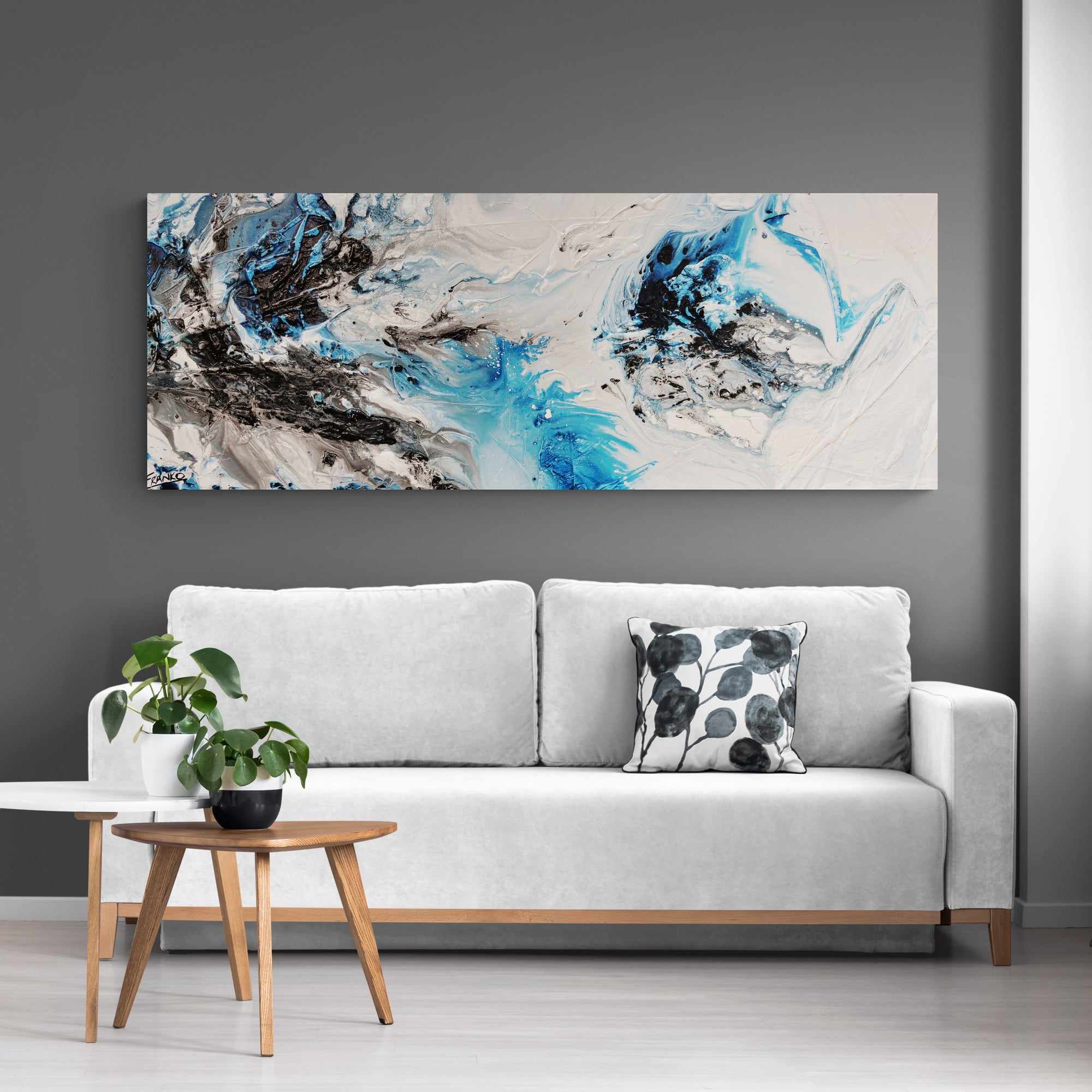 160cm x 60cm Blue and White Textured Abstract Wall Art Painting - Crushed Midnight Design for Modern Living Room & Office Decor