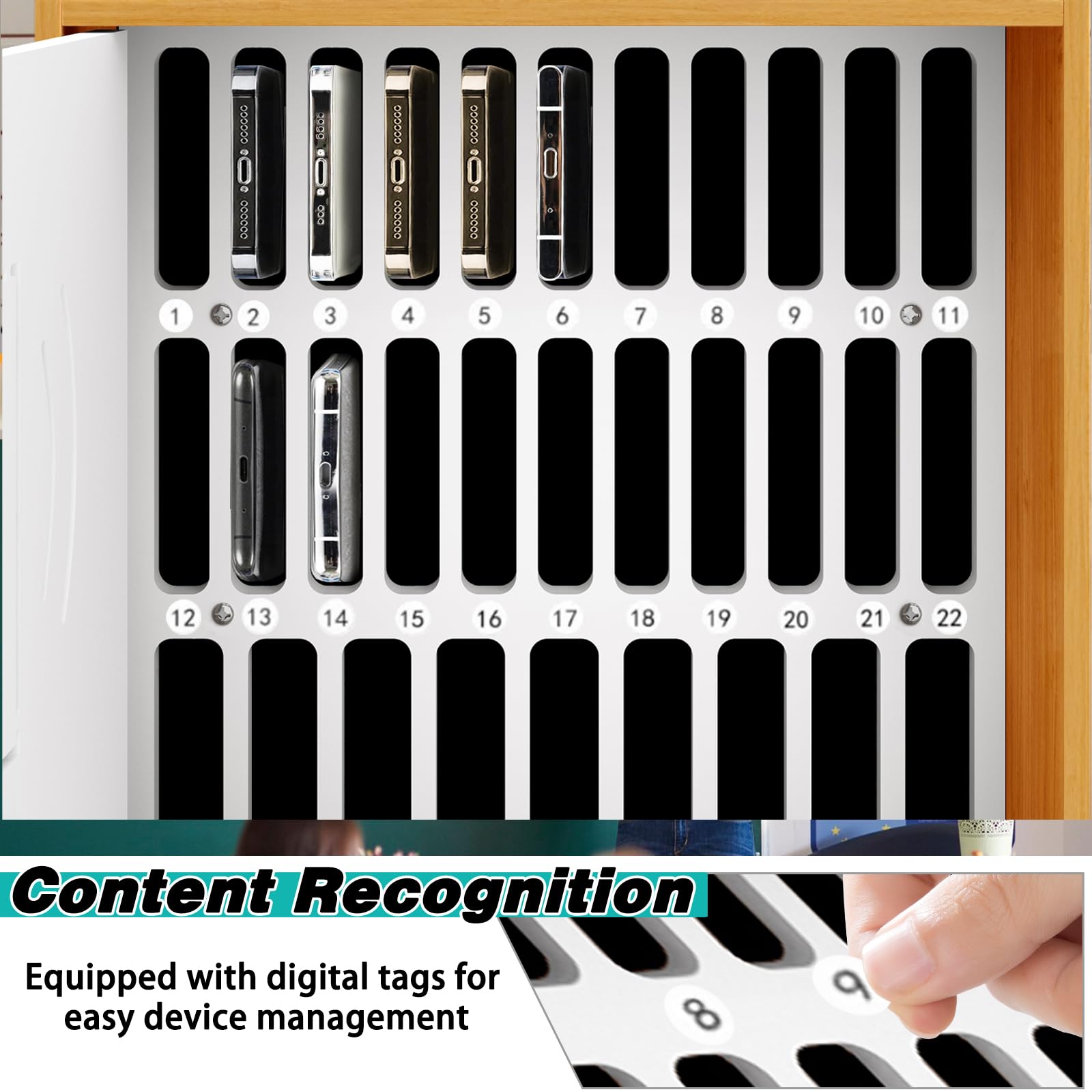 31-Slot Wooden Cell Phone Storage Cabinet with Handle & Security Lock - Cherry Wood Desktop Phone Holder for Classroom, Office, and Home Organization