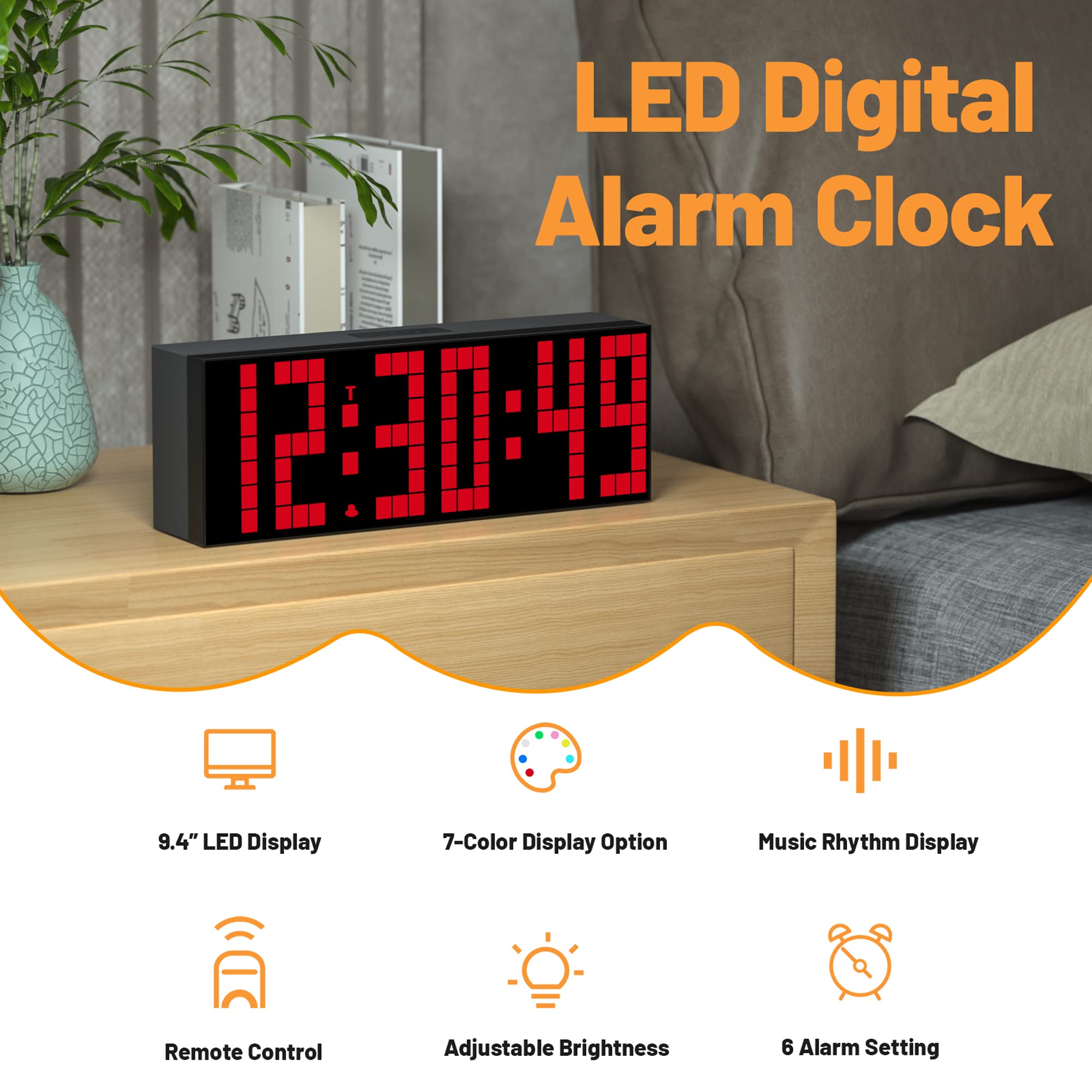 7-Color LED Digital Alarm Clock with Adjustable Brightness - Remote Control, Countdown Timer, Calendar & Temperature Display - Perfect for Bedroom, Office & Nightstand Use