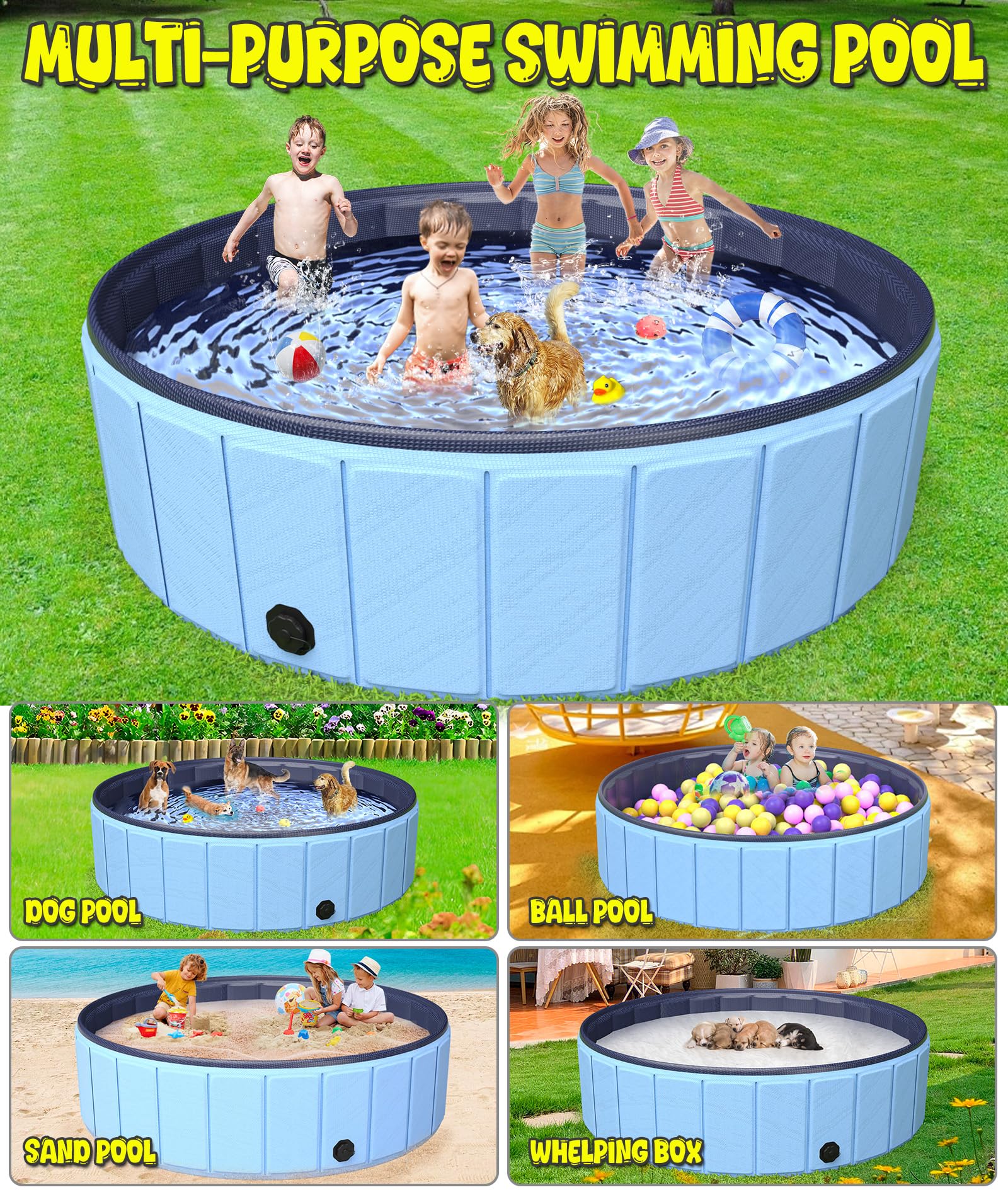 Hyperzoo 97x16 Inch Foldable Dog Pool - Heavy Duty PVC Leakproof Pet Bathing Tub for Small, Medium & Large Dogs - Collapsible Wading Pool for Puppies, Kids & Outdoor Summer Fun