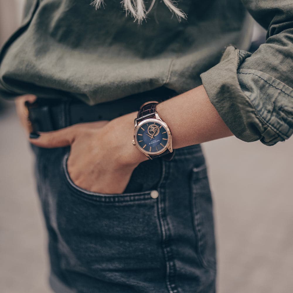 Aries Gold Blue Dial Women's Watch with Brown Leather Strap - L 9023 RG BU - Elegant Timepiece for Office, Party & Everyday Wear