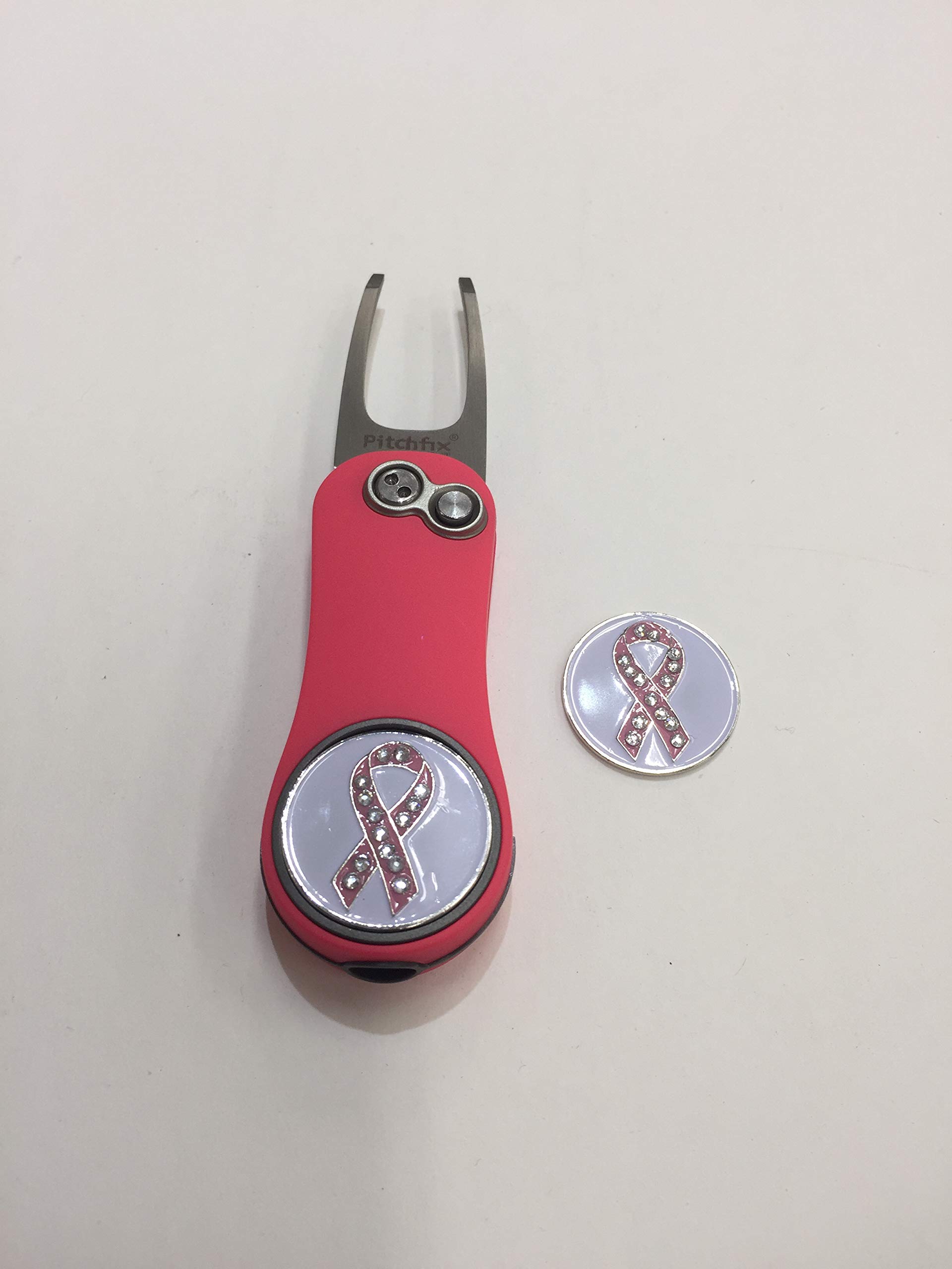 J&M Golf Pitchfix Hybrid 2.0 Switchblade Divot Tool with 2 Crystal Pink Ribbon Markers | Premium Golf Accessories for Repairing Greens | Perfect for Golfers, Tournaments & Practice Sessions