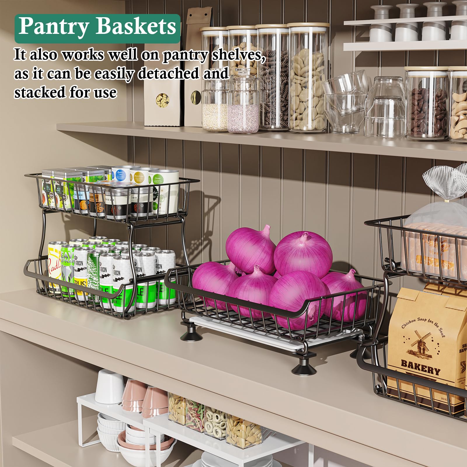 3-Tier Rolling Pantry Cart with Wheels - Stackable Wire Storage Organizer for Kitchen, Pantry Shelves, Fruits, Snacks, Onions & Potatoes - Perfect for Small Spaces, Home Organization & Easy Access to Essentials