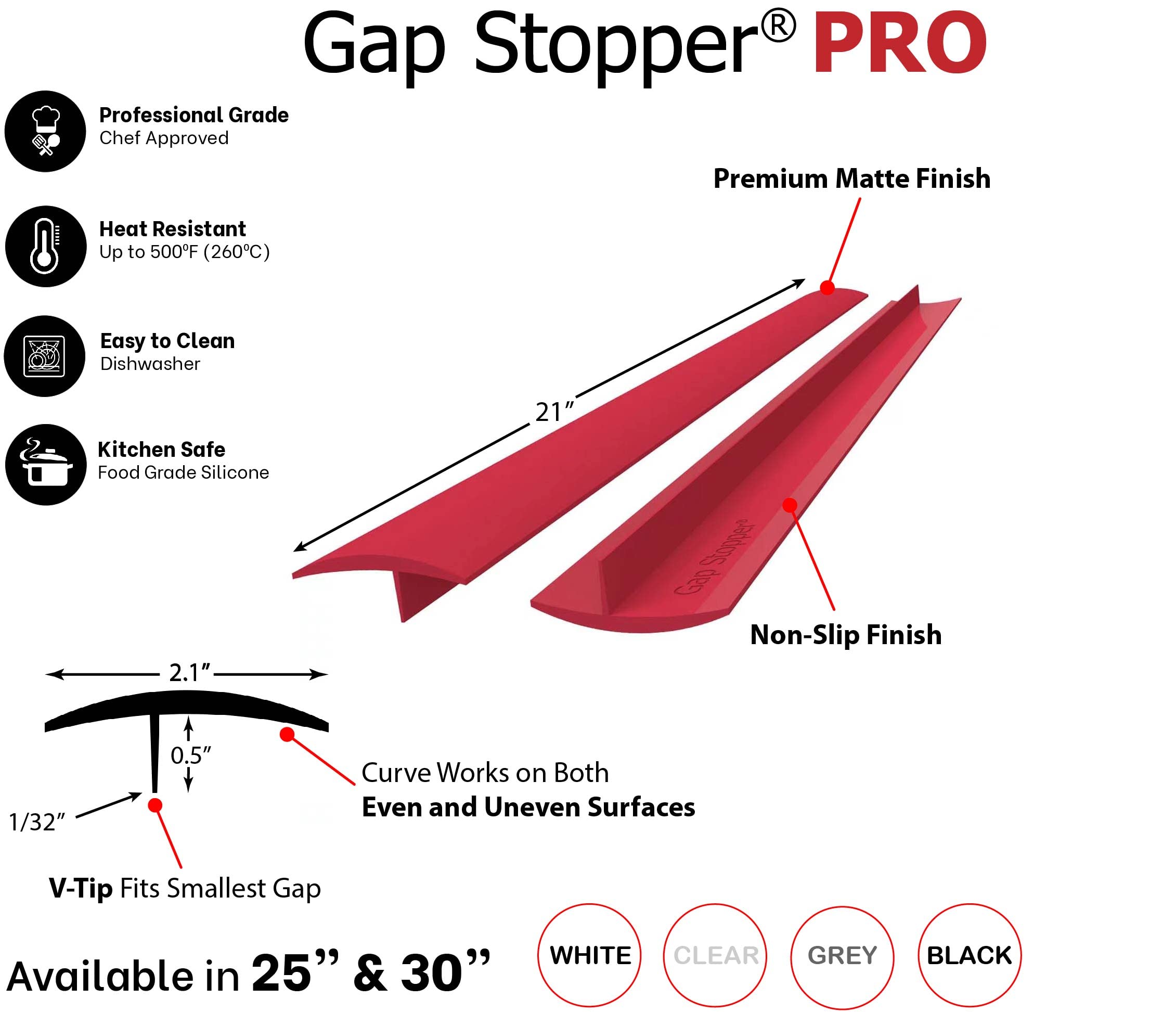Gap Stopper Pro - 21 Inch Red Silicone Stove Gap Cover, Heavy Duty 8.6 oz, FDA Approved, Set of 2 - Perfect for Kitchen Safety & Preventing Food Debris Between Stove and Countertop