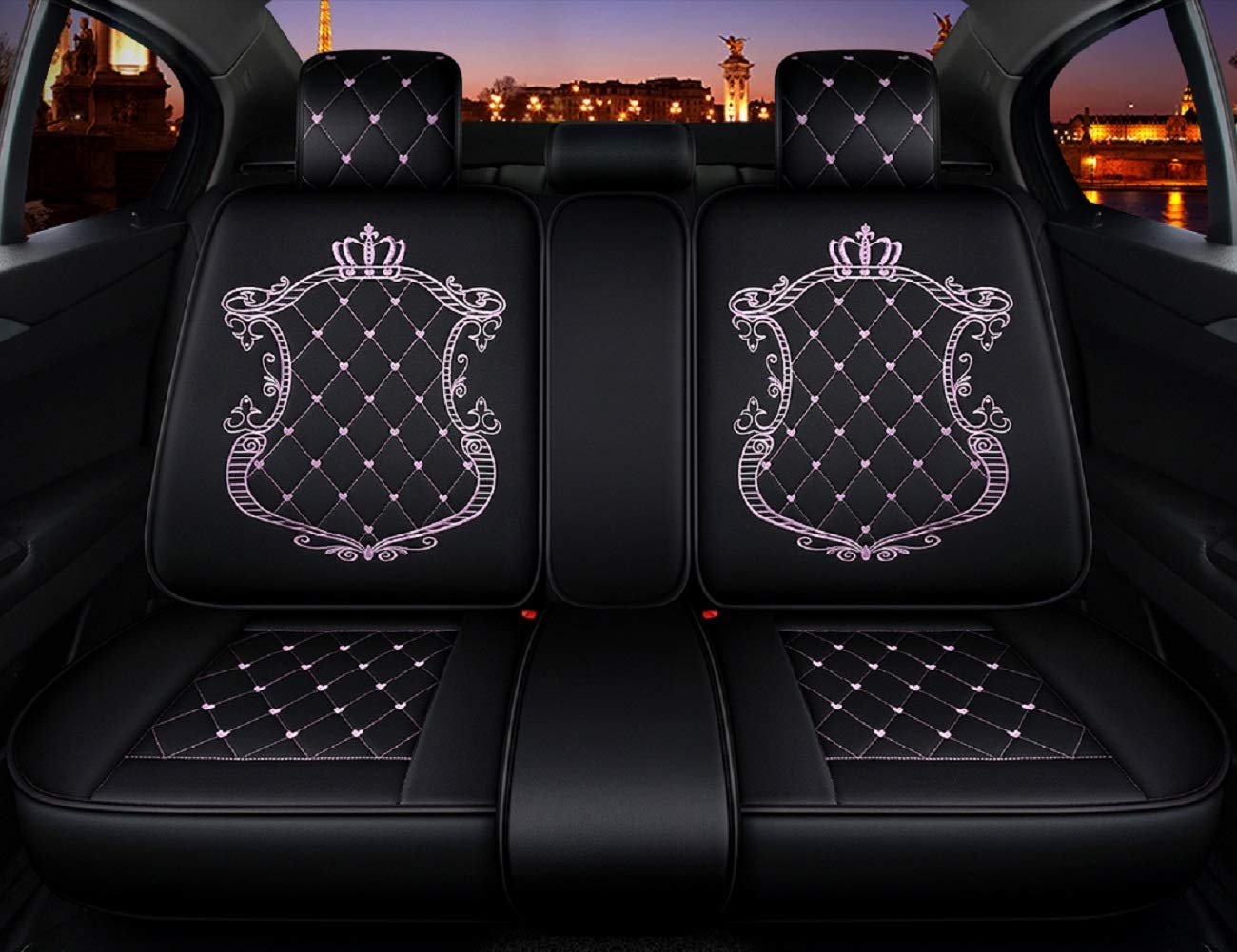 Skysep Crown Universal Fit 5-Seat Waterproof Leather Car Seat Covers Set - Adjustable & Removable Auto Seat Protector with 2 Lumbar Support Pillows & 2 Headrest Pillows (Black/Pink) - Perfect for SUVs, Sedans & Family Vehicles