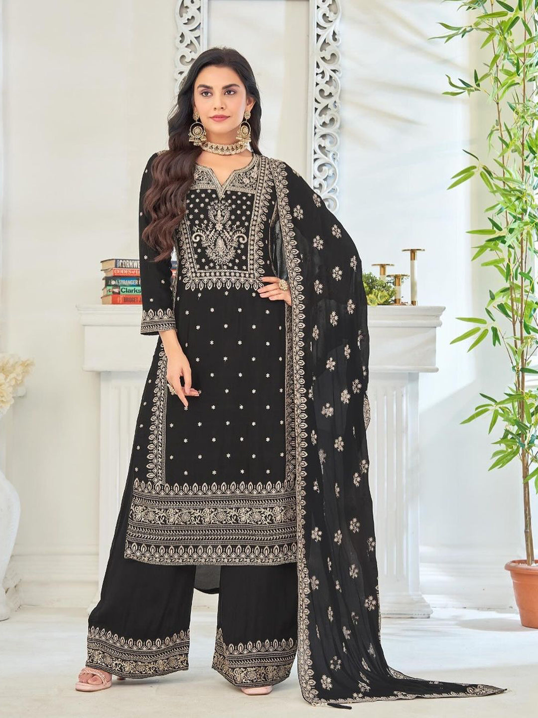 Stylish Black Heavy Designer Palazzo Suit with Elegant Embroidery - Perfect for Parties, Weddings & Special Occasions