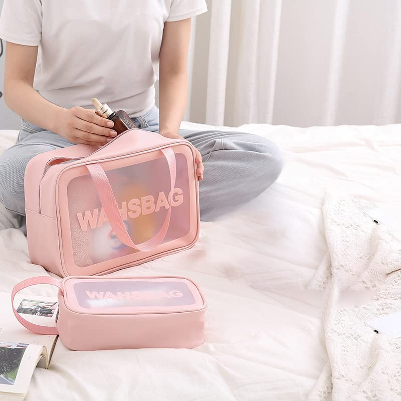 Waterproof PVC Clear Toiletry Bag for Women & Men - Travel Makeup Cosmetic Organizer with Zipper, Portable Carry Pouch (Set of 2 Pink Bags) - Perfect for Gym, Travel, and Daily Essentials Storage