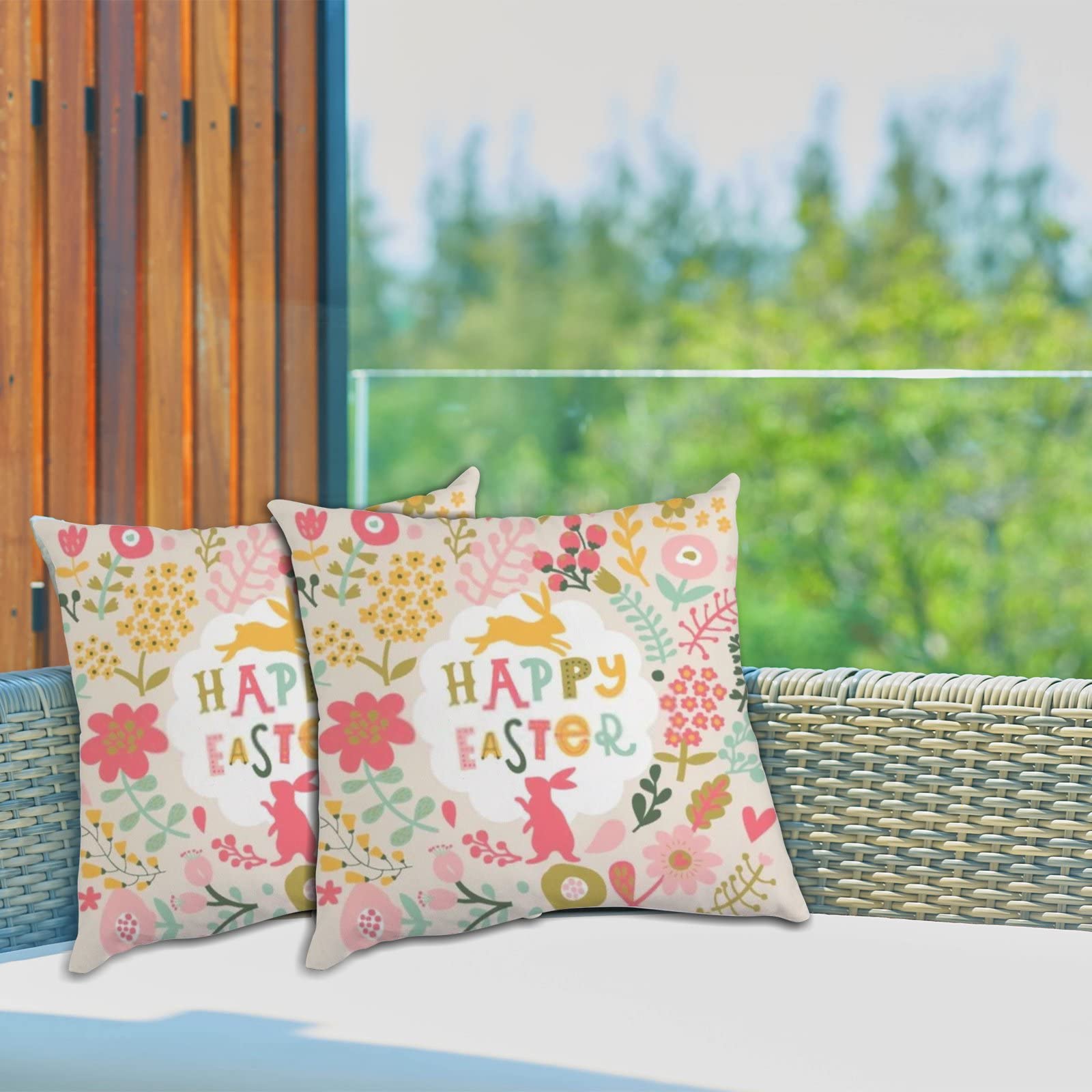 Happy Easter Rabbits & Flowers Throw Pillow Covers 2 Pack - 20x20 Inch Pink Zippered Cushion Cases for Sofa, Couch & Bedroom Decor - Spring Home Decoration & Seasonal Gift Idea